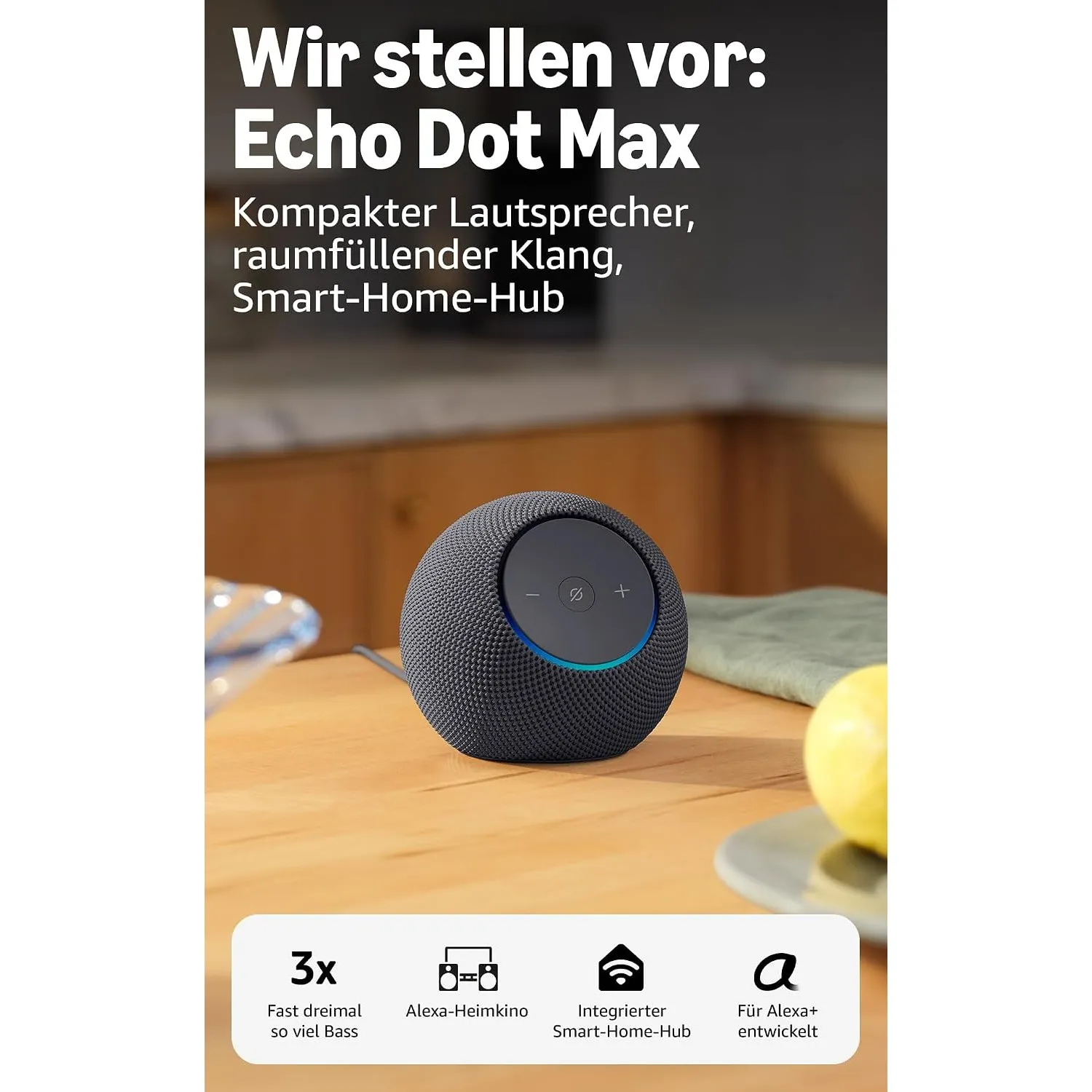 Amazon Echo Dot Max (neueste Generation), Lautsprecher mit raumfüllendem Klang und integriertem Smart-Home-Hub, Graphit…