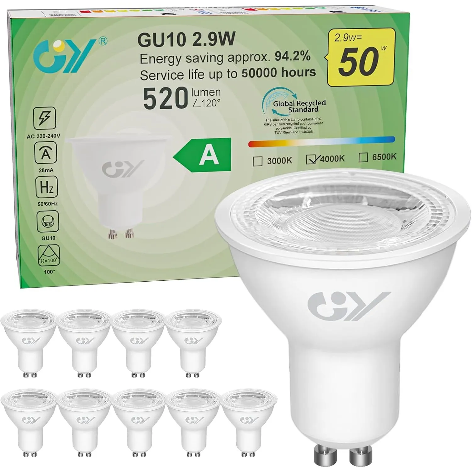 GY GU10 LED Neutralweiss Lampe 2,9W 520 Lumen 4000K Neutralweiß Glühbirnen, 50W lampe ersetzt, Abstrahlwinkel 100° Leuc…