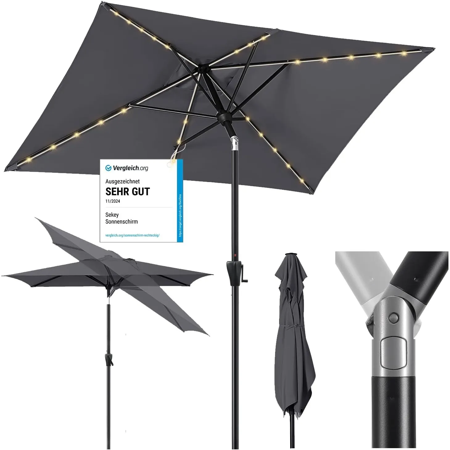 Sekey Aluminum Solar-Sonnenschirm mit LED-Beleuchtung 200 × 300 cm, UV50+ Rechteckiger Balkon-Garten-Schirm, Solarlampe…