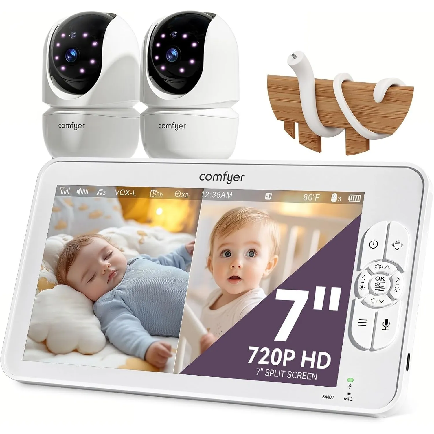 Comfyer BM01 Split-Screen Babyphone mit 2 Kameras, 7" HD 720P ohne WLAN mit Halterung, IR-Nachtsicht VOX-Modus mit Soun…