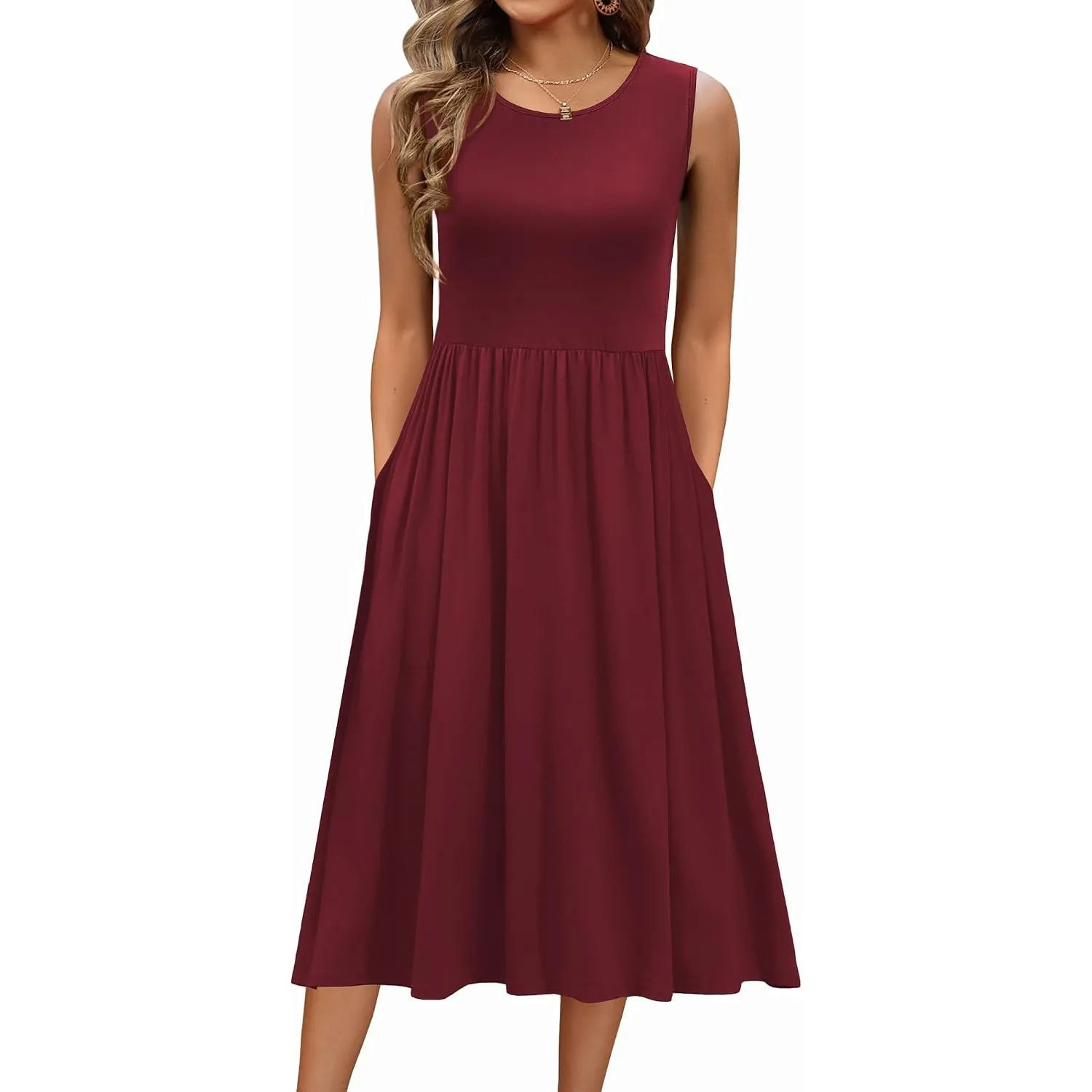 Zeagoo Sommerkleid Damen Ärmelloses Rundhals Freizeitkleider mit Taschen | Lässige Tank Kleid Elegant A Linie Strandkle…