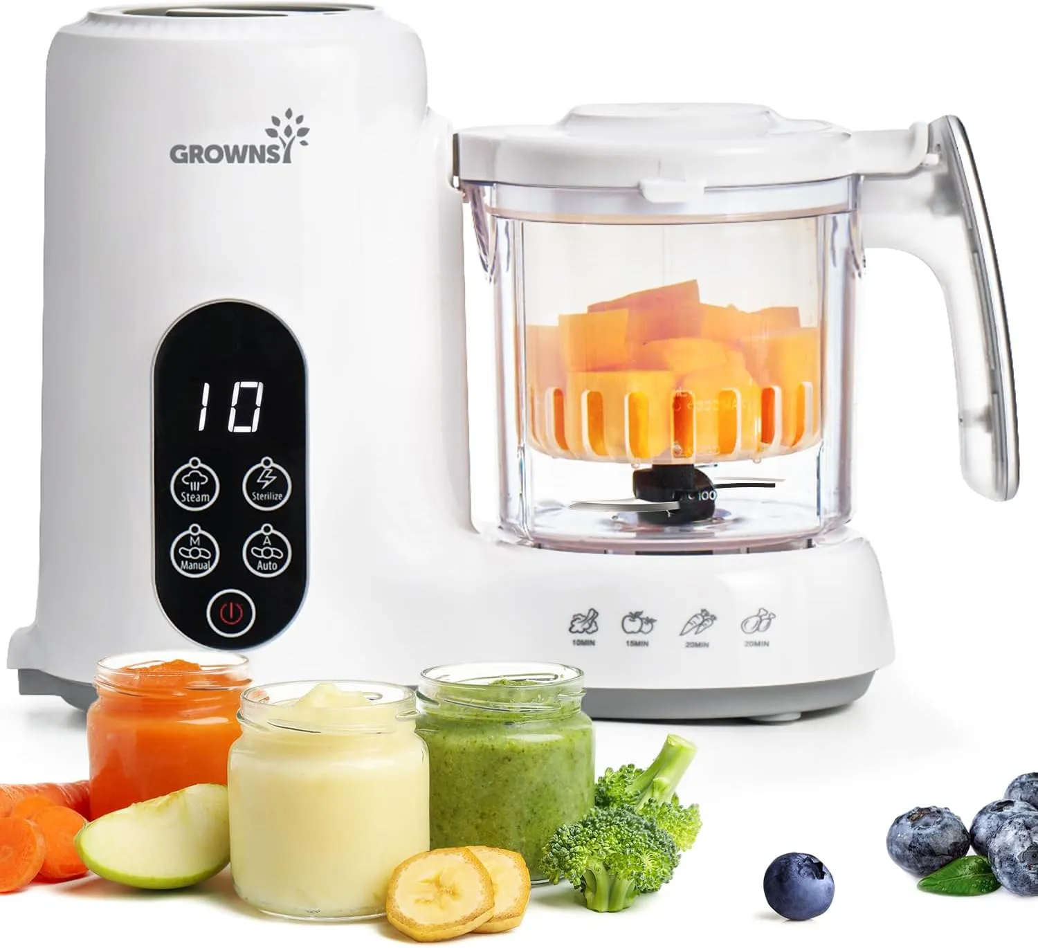 Grownsy Babynahrungszubereiter mit Dampfkorb – Dampfgarer, Mixer & Sterilisator in einem Gerät, BPA-frei, für gesunde h…