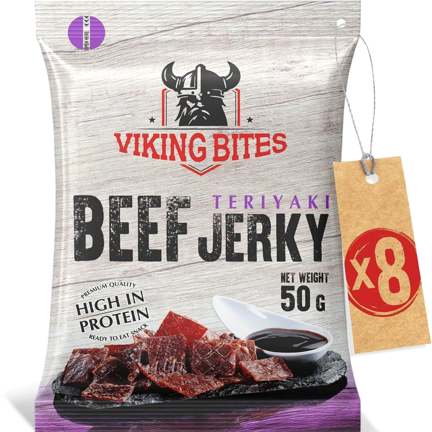 Viking Bites Beef Jerky Teriyaki 400g (8 x 50g) – Getrocknetes Rindfleisch – Fleischsnack mit hohem Proteingehalt