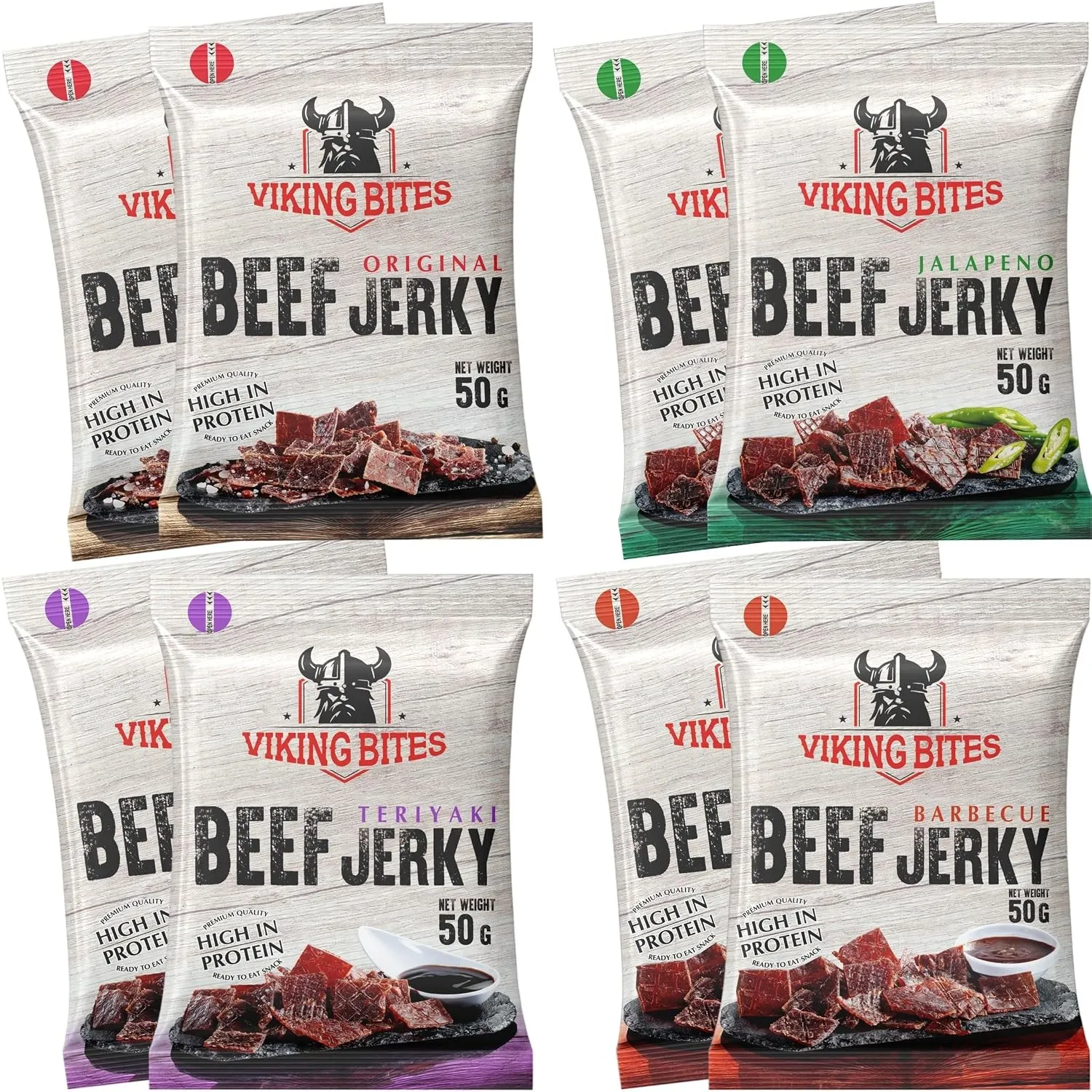 Viking Bites Beef Jerky Mischkarton 400g (8 x 50g) – 2x Original, 2x Jalapeno, 2x Barbecue, 2x Teriyaki – Getrocknetes …