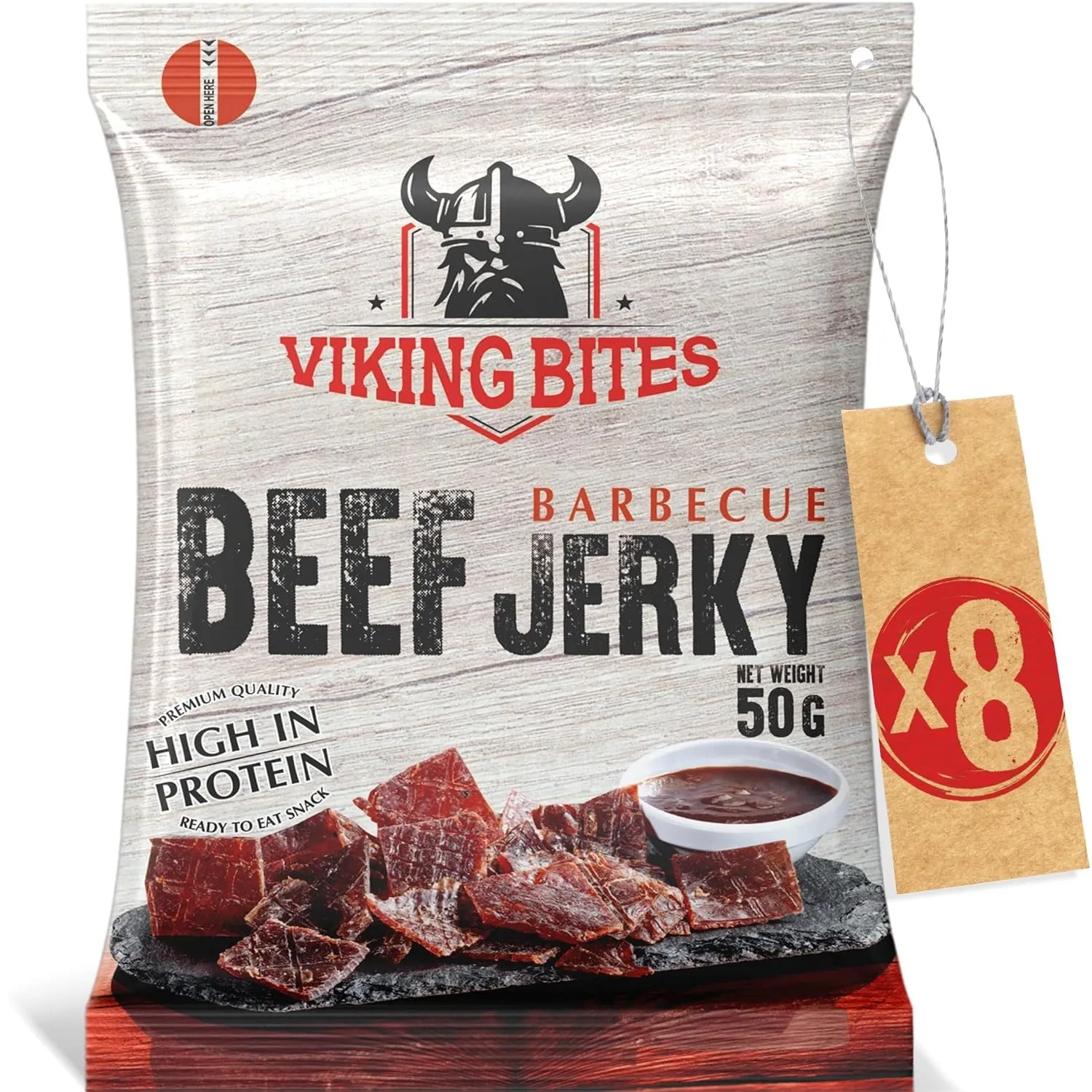 Viking Bites Beef Jerky Barbecue 400g (8 x 50g) – Getrocknetes Rindfleisch – Fleischsnack mit hohem Proteingehalt