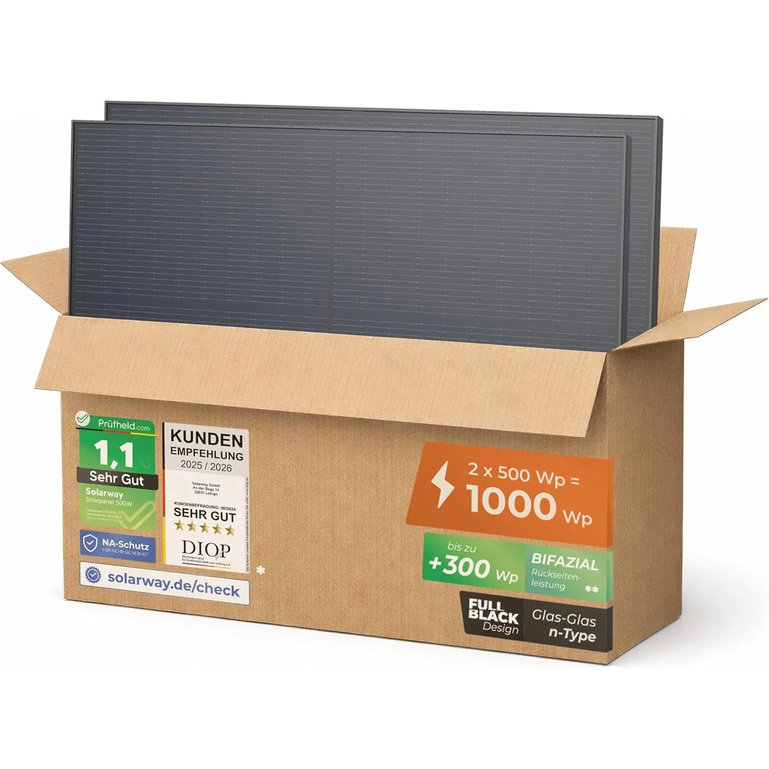 Solarway 500W Solarpanel Full Black Bifazial Glas/Glas PV Panel mit positiver Leistungstoleranz von 0-5 Watt, n-type, g…