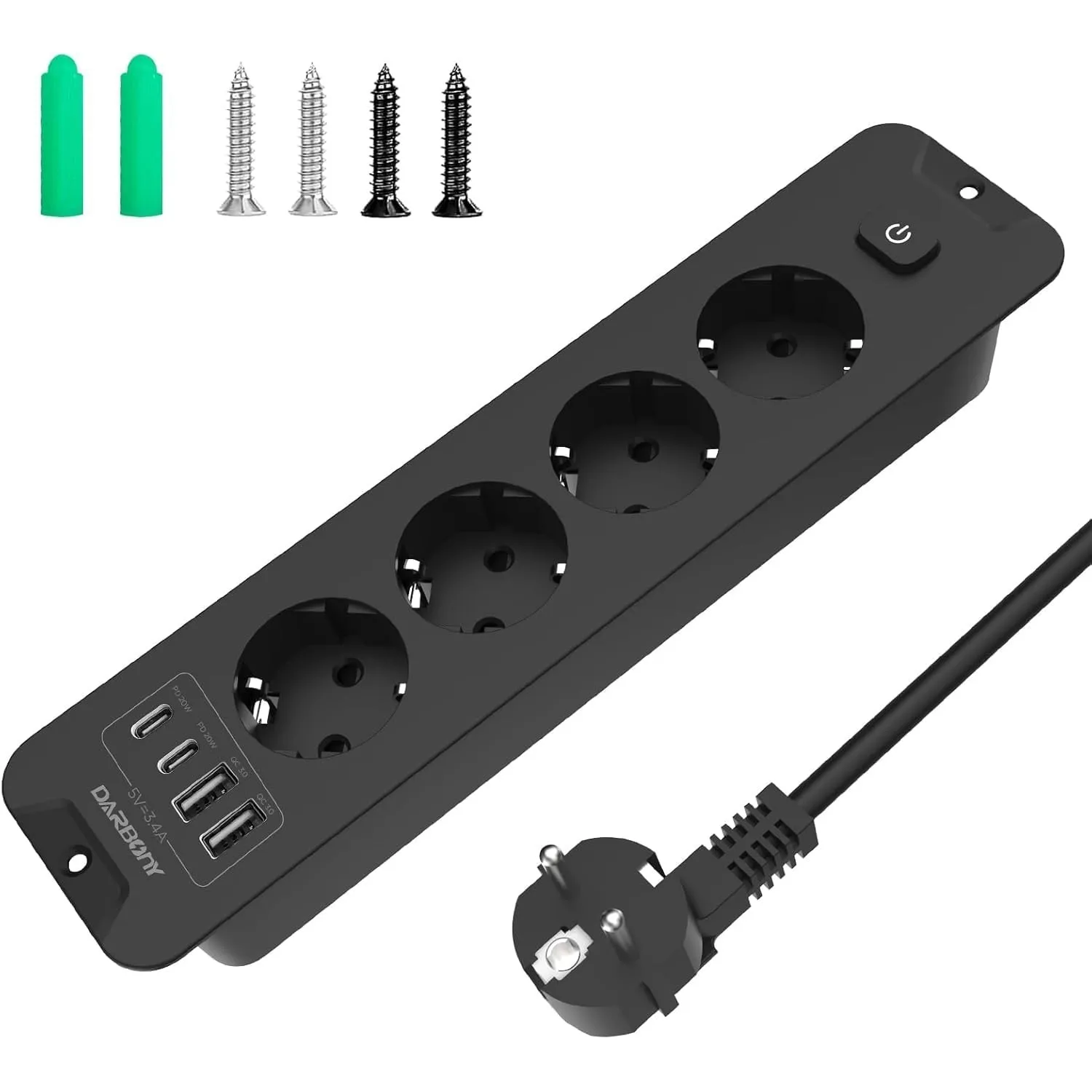 Versenkbare Steckdose mit USB C PD 20W, 4 Fach Einbau Steckdosenleiste