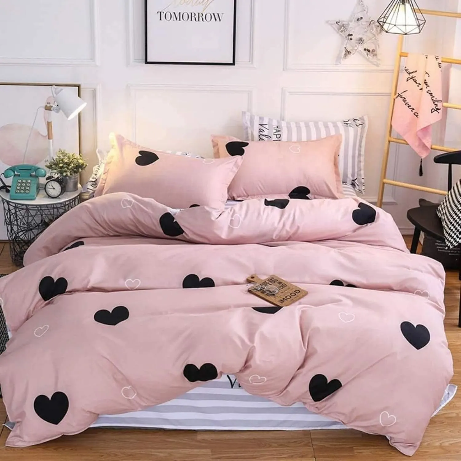 Freyamy Herz Bettwäsche 135x200 Herzen Rosa Schwarz Herzchen Bettwäsche Set