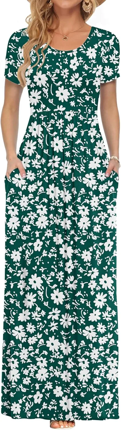 Auselily Women's Short-Sleeved, Loose Casual Long Maxi Dresses with Pockets