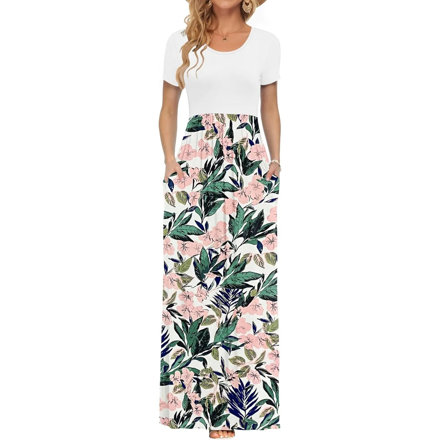 AUSELILY Damen Kurzarm Sommer Casual Long Maxi Kleider mit Taschen | Ganzjähriges Tragen, solider Blumendruck, Freizeit…