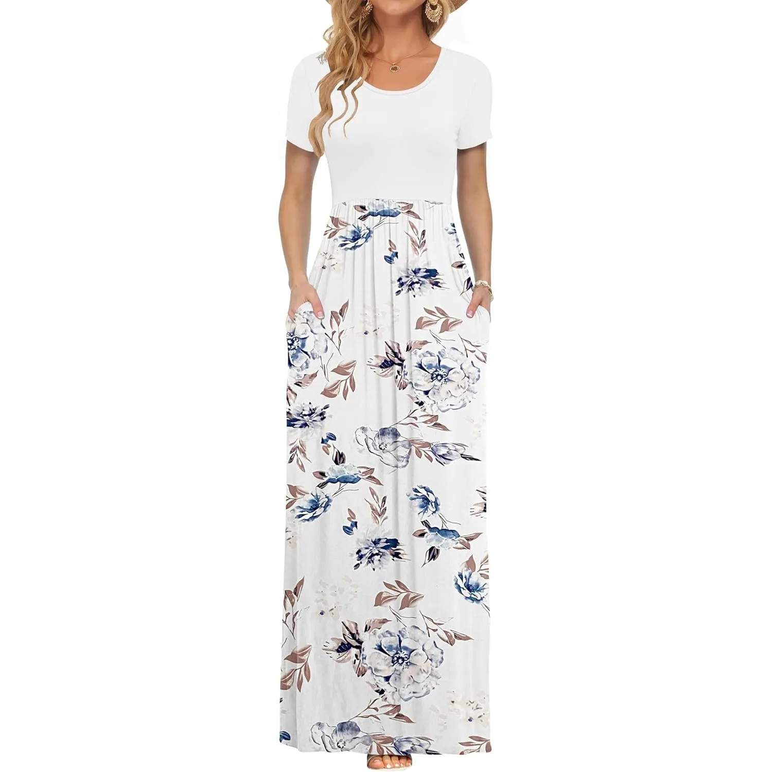 AUSELILY Damen Kurzarm Sommer Casual Long Maxi Kleider mit Taschen | Ganzjähriges Tragen, solider Blumendruck, Freizeit…