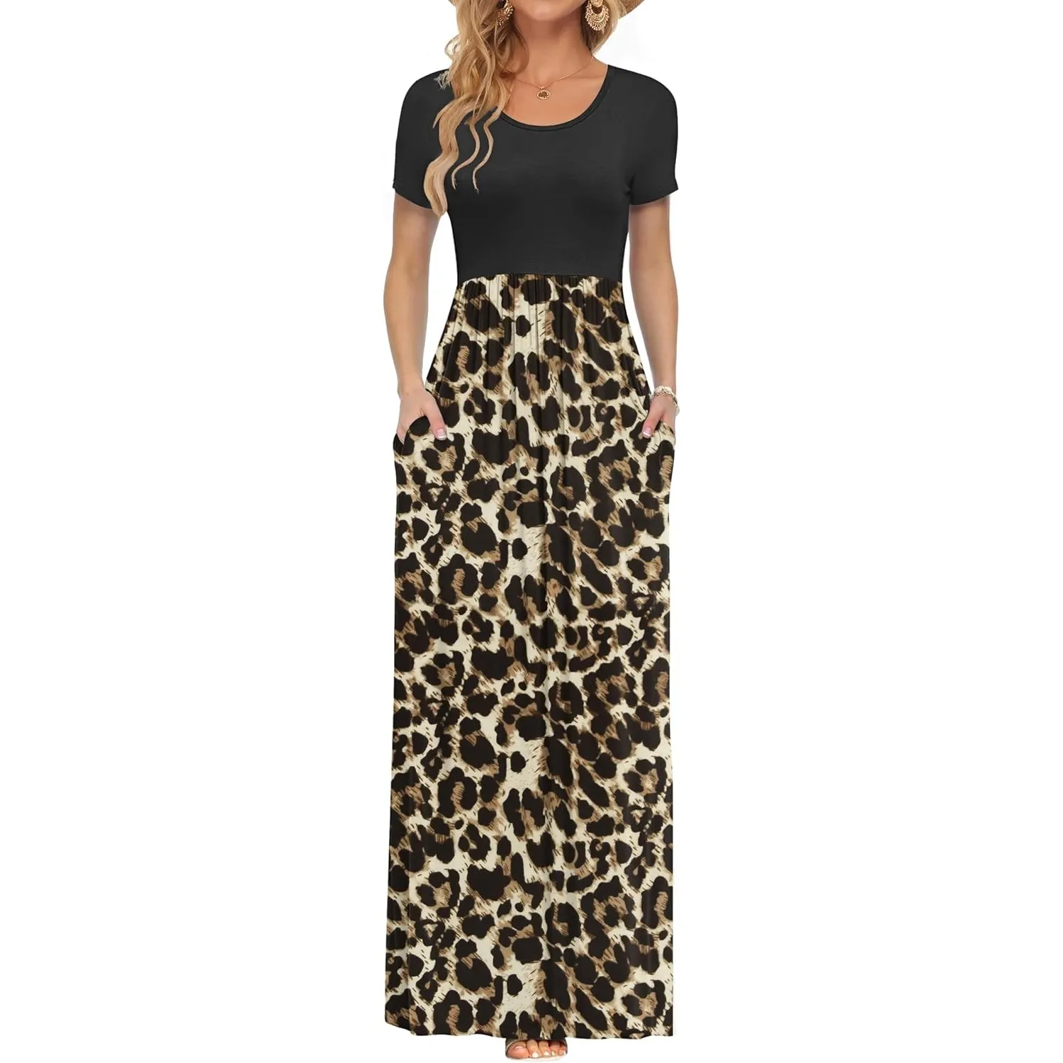 AUSELILY Damen Kurzarm Sommer Casual Long Maxi Kleider mit Taschen