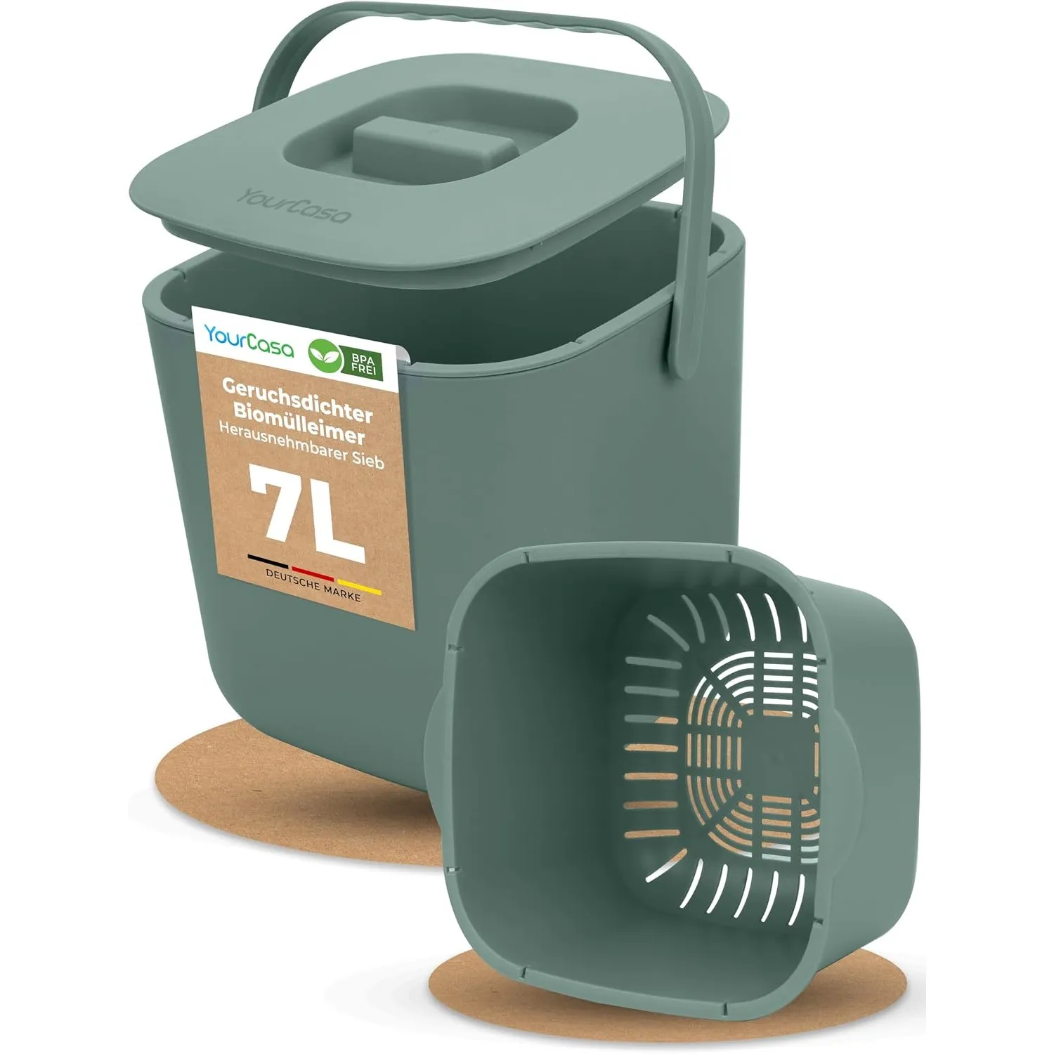 YourCasa Biomülleimer Küche 7L - Komposteimer mit herausnehmbarem Sieb & Deckel - geruchsdicht, spülmaschinenfest & ohn…