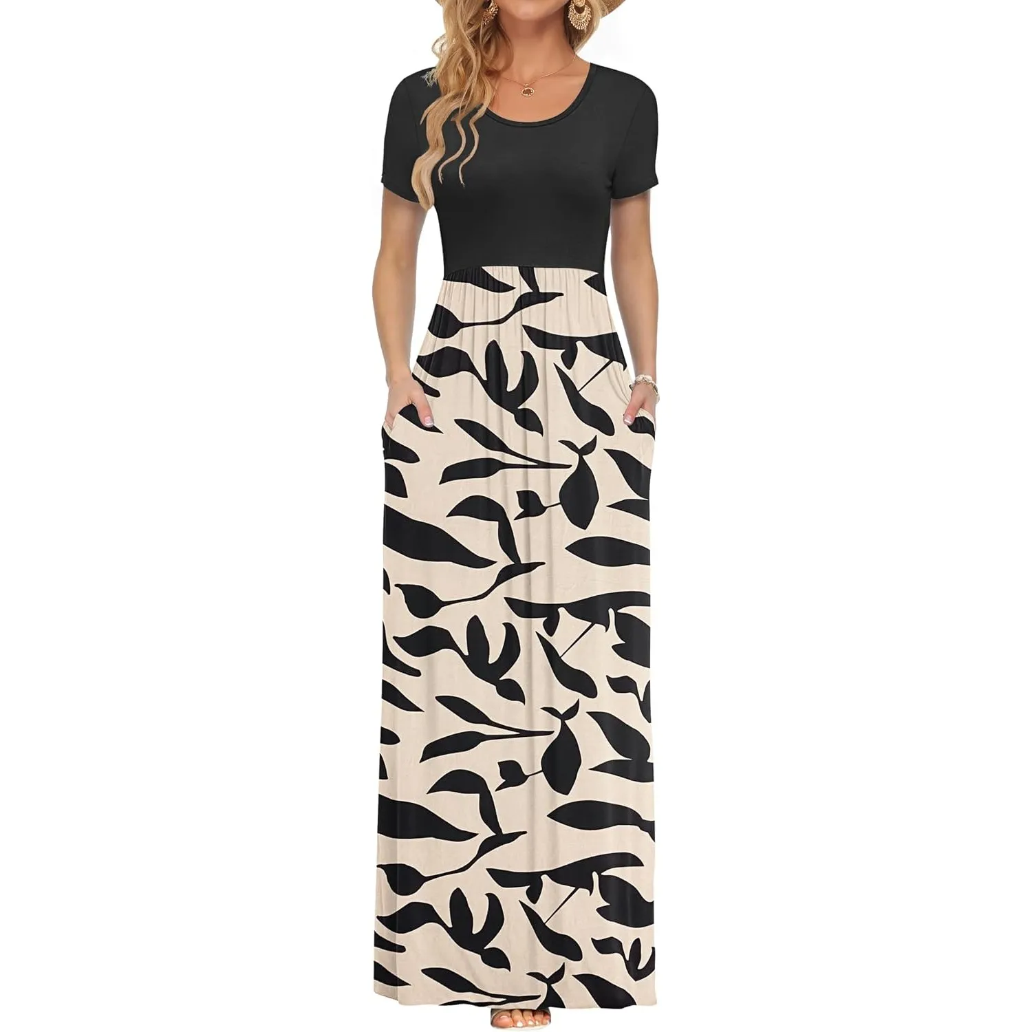 AUSELILY Damen Kurzarm Sommer Casual Long Maxi Kleider mit Taschen