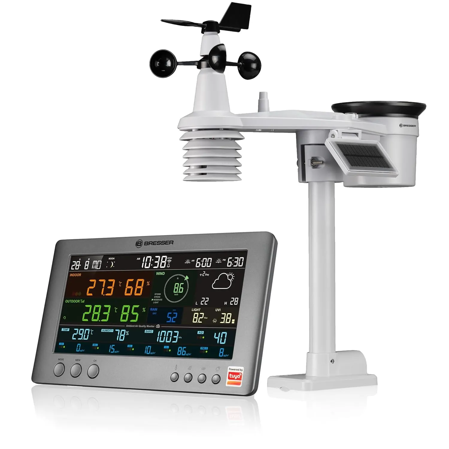 Bresser Smarte Tuya Profi-Wetterstation mit 7-in-1-Sensor, Luftqualitätsmonitor, Solar & App-Steuerung, 6-Tage-Vorhersa…