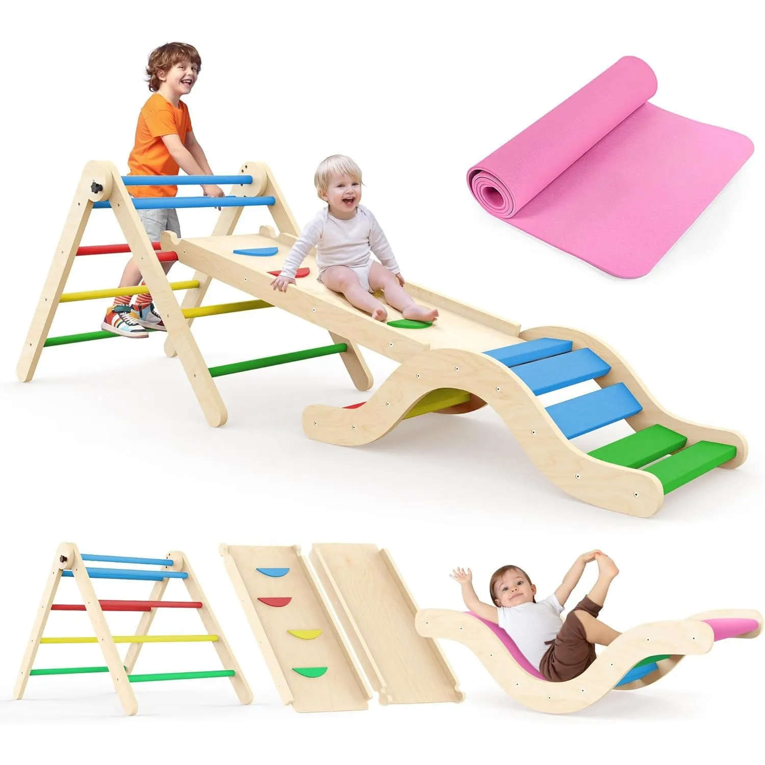 Montessori Indoor Spielset: 7-in-1 Klettergerüst mit Rutsche, Bogen & Matte für Kleinkinder und Kinder (1-3 Jahre) (Col…
