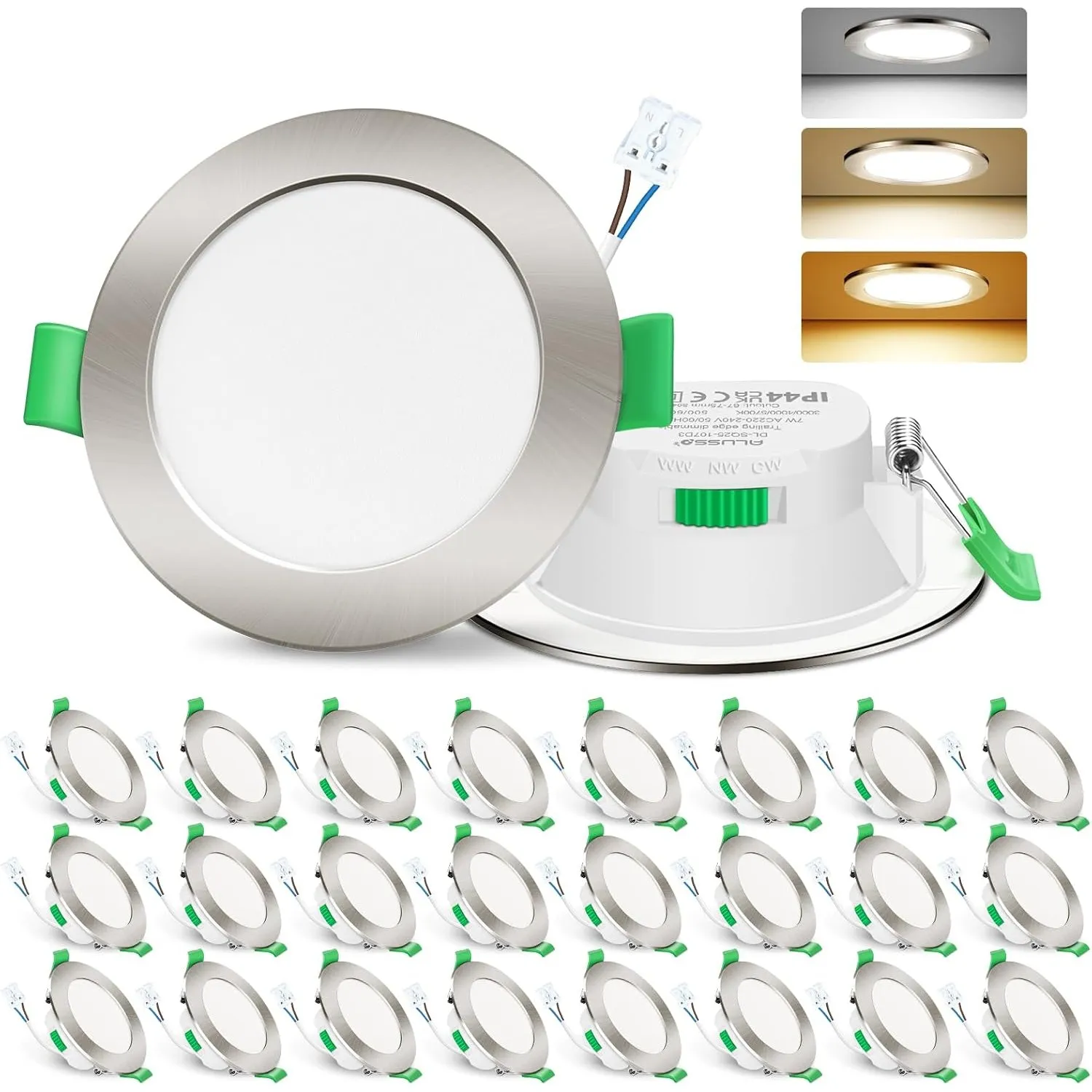 ALUSSO LED Einbaustrahler 230V 7W 3CCT Dimmbar 68mm Spots, Nickel 24er Set