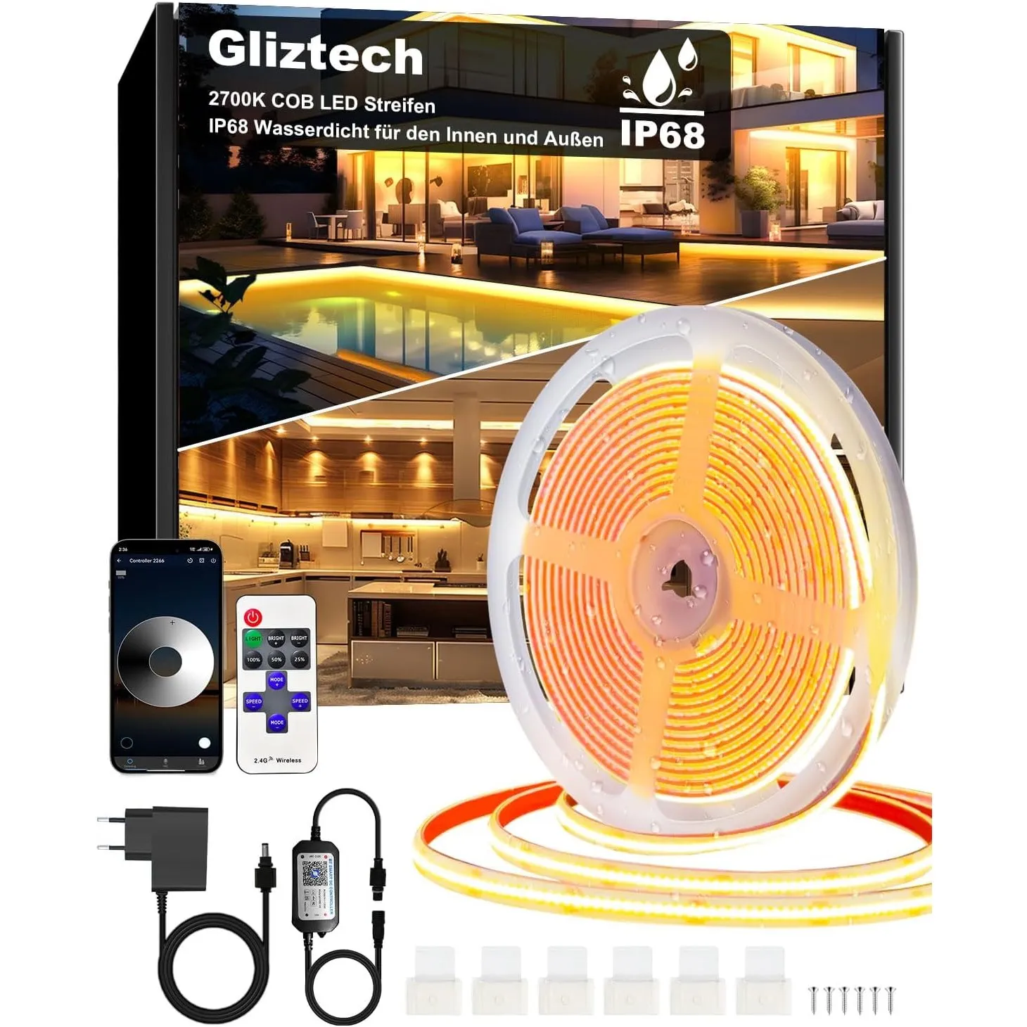 Gliztech 15M COB LED Streifen IP68 Wasserdicht, 24V LED Strip COB