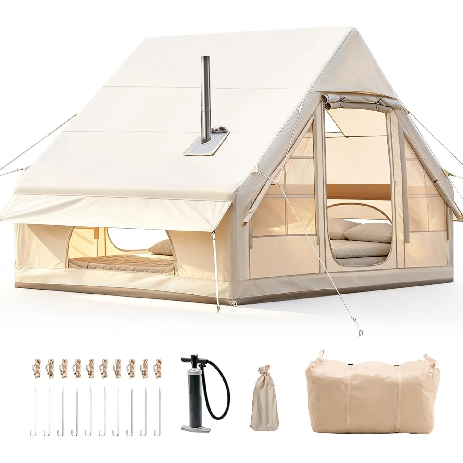 Aufblasbares Campingzelt mit Kaminöffnung & Dachfenster, Aufblasbare Zelt für 2-10per mit Luftpumpe, Zelt Aufblasbar au…