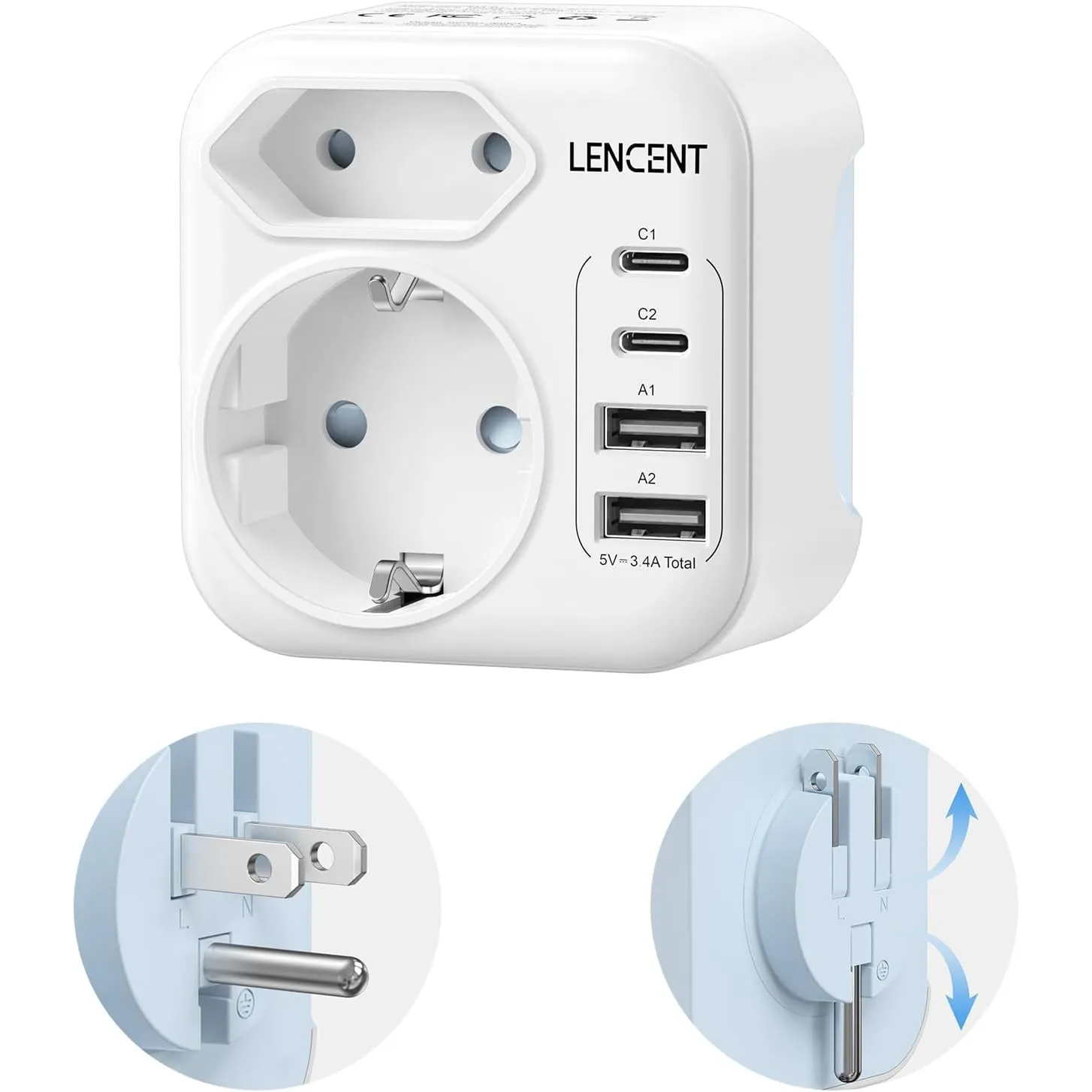 LENCENT Klappbarer Reiseadapter USA Deutschland Stecker, Netzadapter Typ B | Reisestecker mit 2 USB-C 2 USB-A Anschlüße…