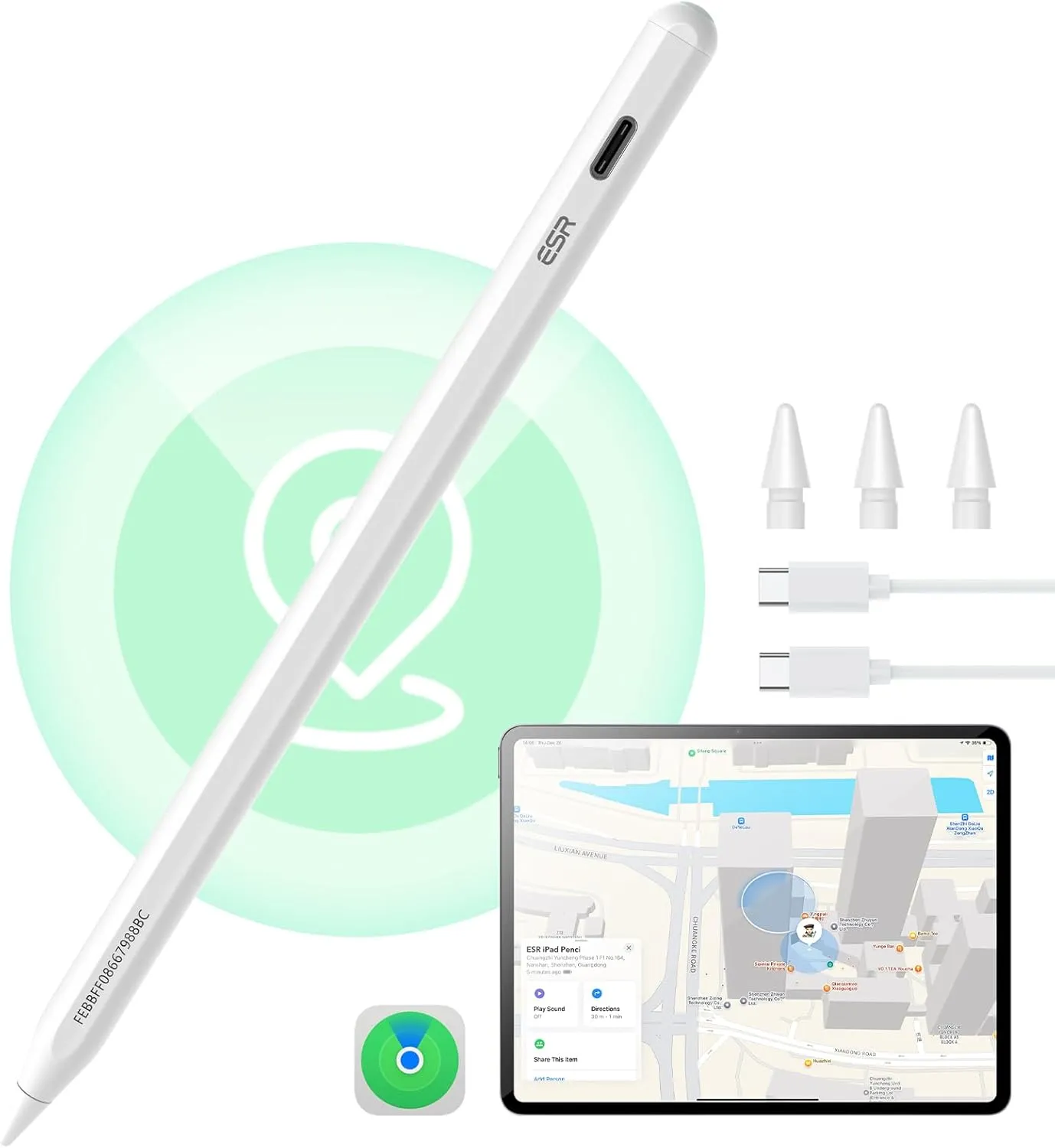 ESR Find My Stift für Apple iPad 2018-2026, Digital Pencil Pro mit „Wo ist?“ Funktion & Neigungssensitivität für iPad A…
