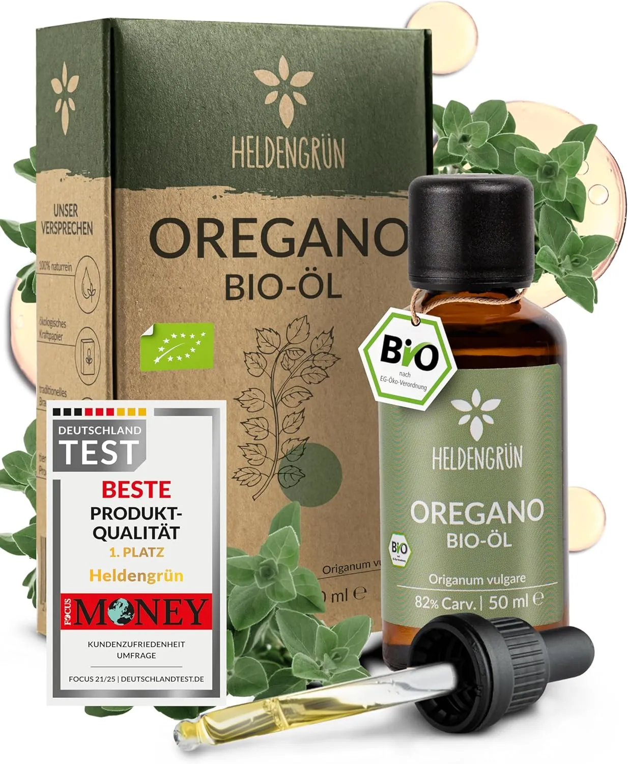 Heldengrün® BIO Oregano Öl 50 ml [100% NATURREIN] mit +82% Carvacrol - Zertifiziertes Lebensmittel zum Einnehmen - Oreg…