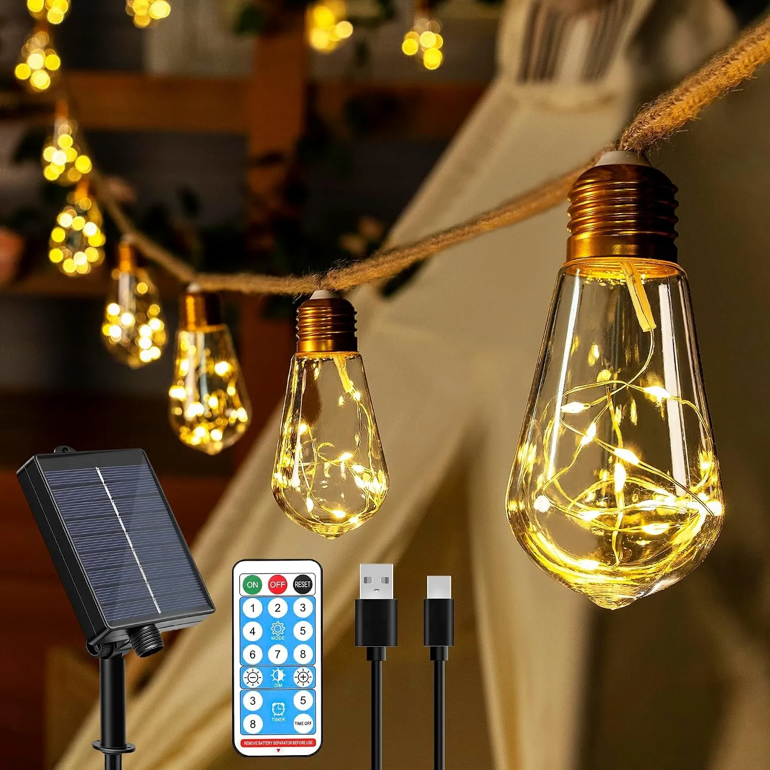 Ollny Solar Lichterkette Aussen, mit 16 S17 Glühbirnen 8M Lichterketten Außen Wetterfest, 8 Modi Timer Dimmbar USB für …