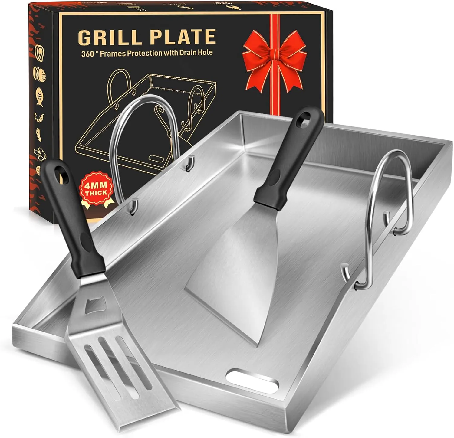 Plancha Grill Plate, 4 mm Thick Stainless Steel Grill for Gas and Charcoal Grills, 40 x 30 x 4 cm, with Removable Handl…