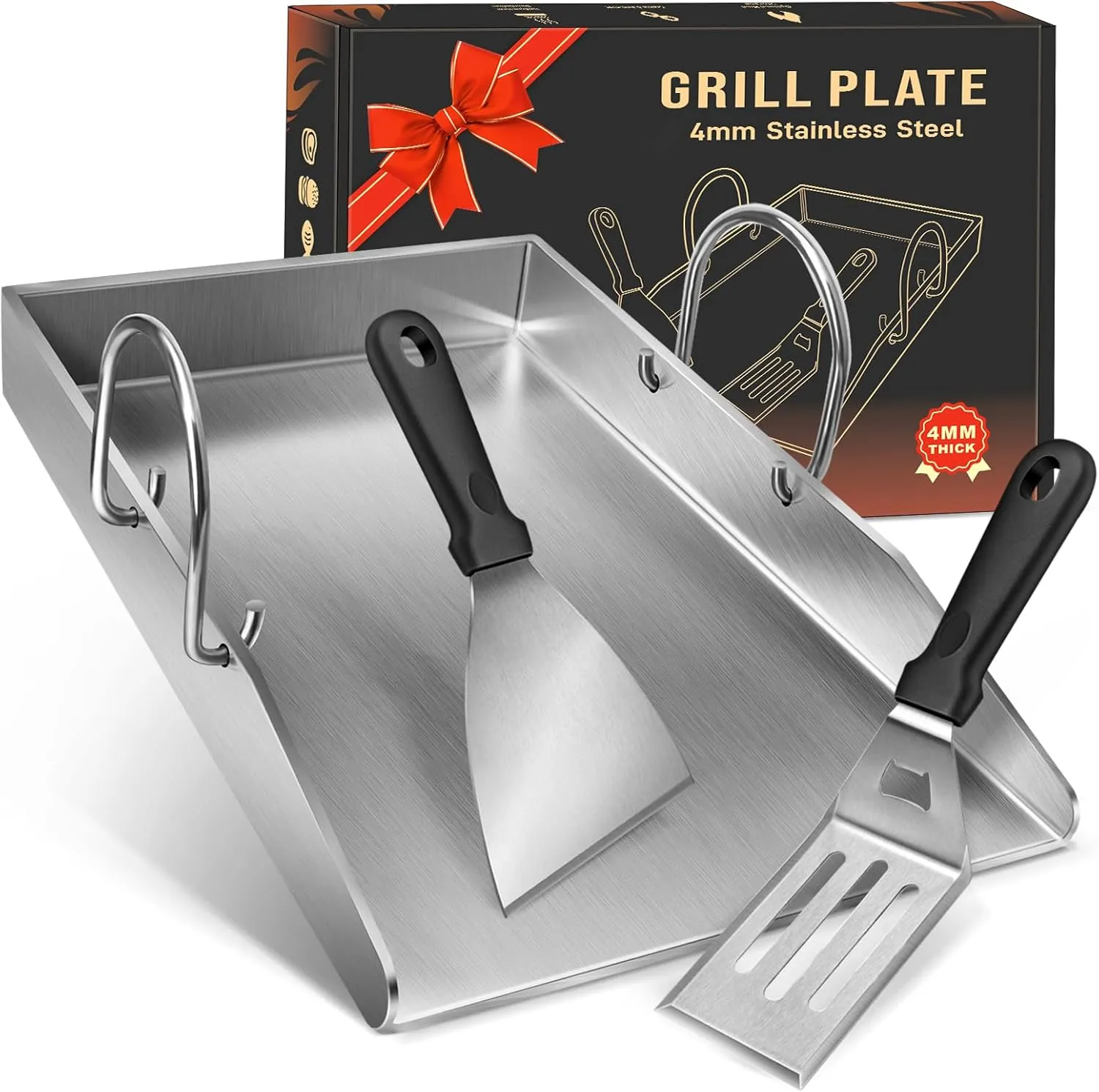 Grill Plate Plancha Gifts for Men Women with 2 Grill Spatula Set, 4 mm Thick Stainless Steel BBQ with Removable Handles…