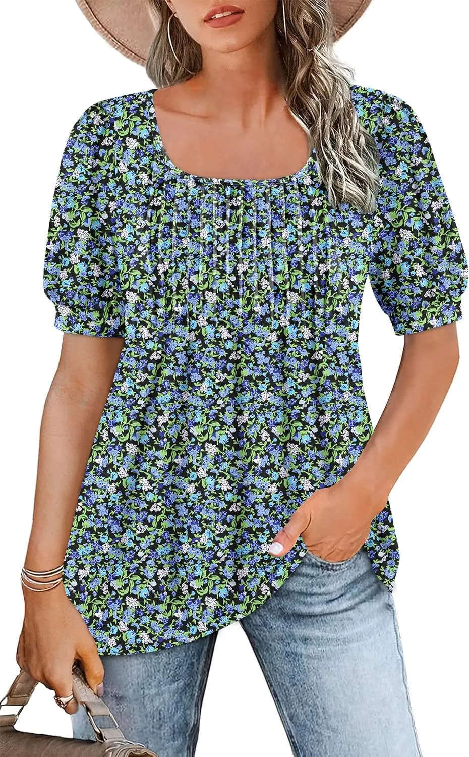 WNEEDU T-Shirt Women's Summer Blouse Short Sleeve Square Neck Tops Women's Summer Tunic T-Shirt Pleated Tops with Puff …