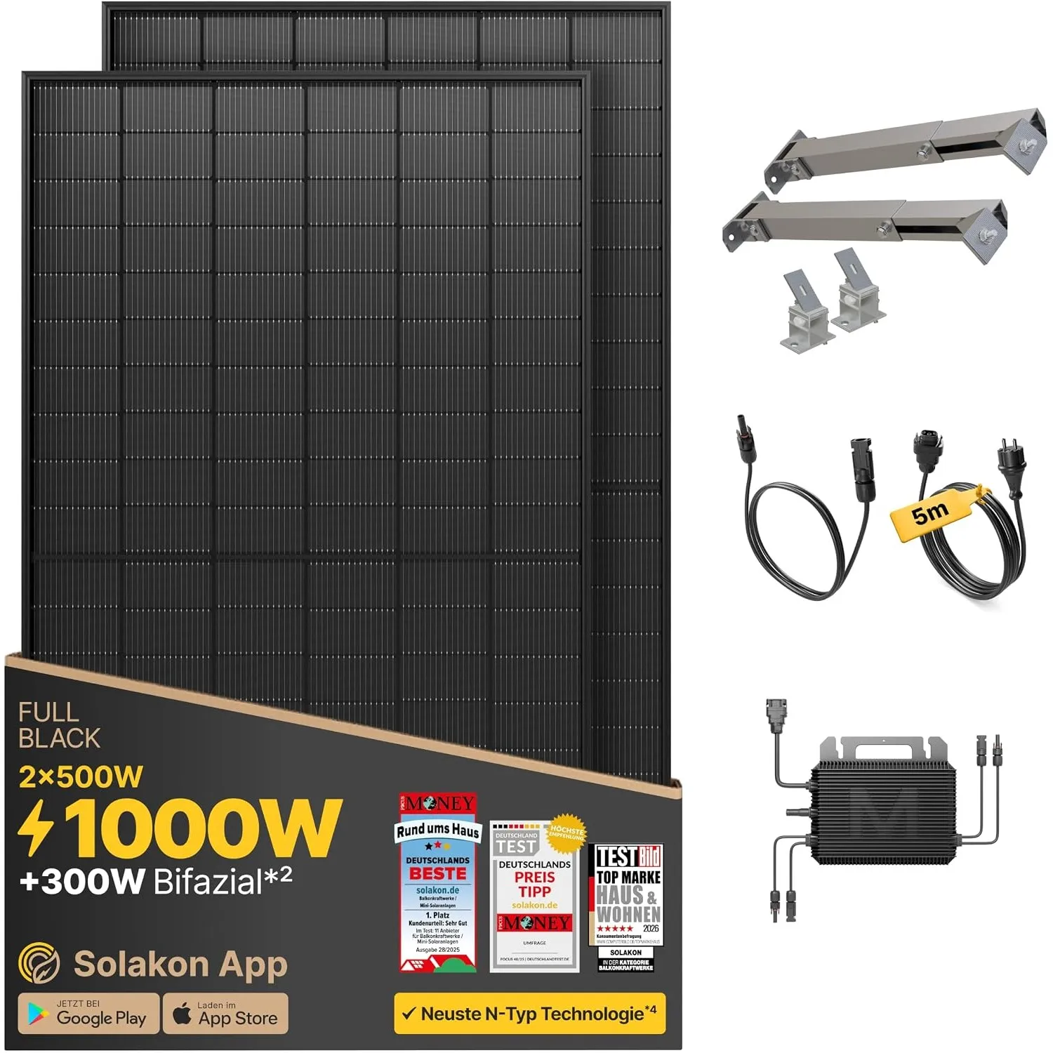 Solakon® 1000W Balkonkraftwerk mit Halterung (Wand) - Balkonkraftwerk 800W komplett Steckdose - neuester 800 Watt Wechs…