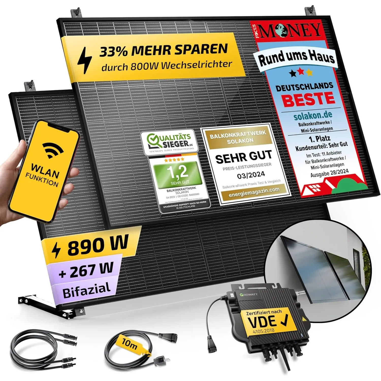 Solakon 900W Balkonkraftwerk mit Halterung (Wand) - Balkonkraftwerk 800W komplett Steckdose - 800 Watt Wechselrichter -…