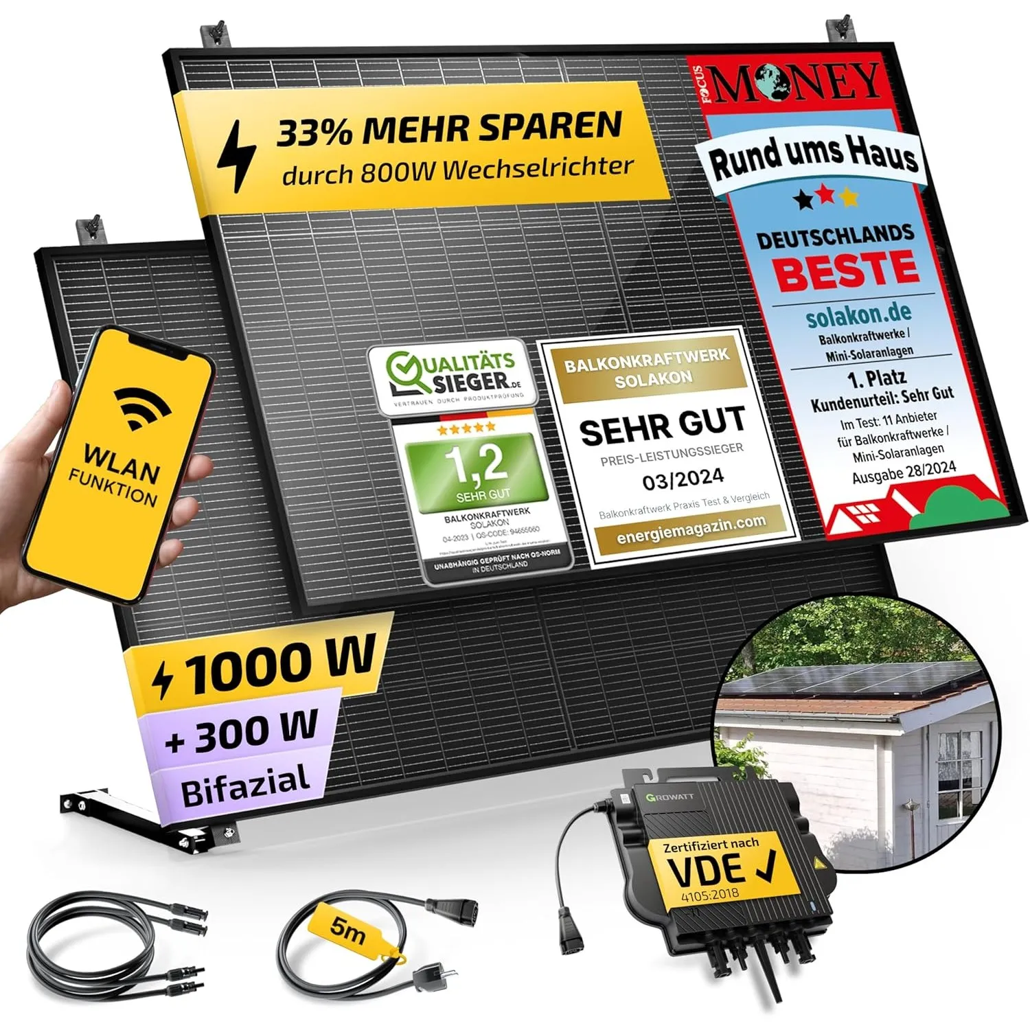 Solakon® 1000W Balkonkraftwerk mit Halterung (Gartenhaus) - 800W komplett Steckdose - neuester 800 Watt Wechselrichter …