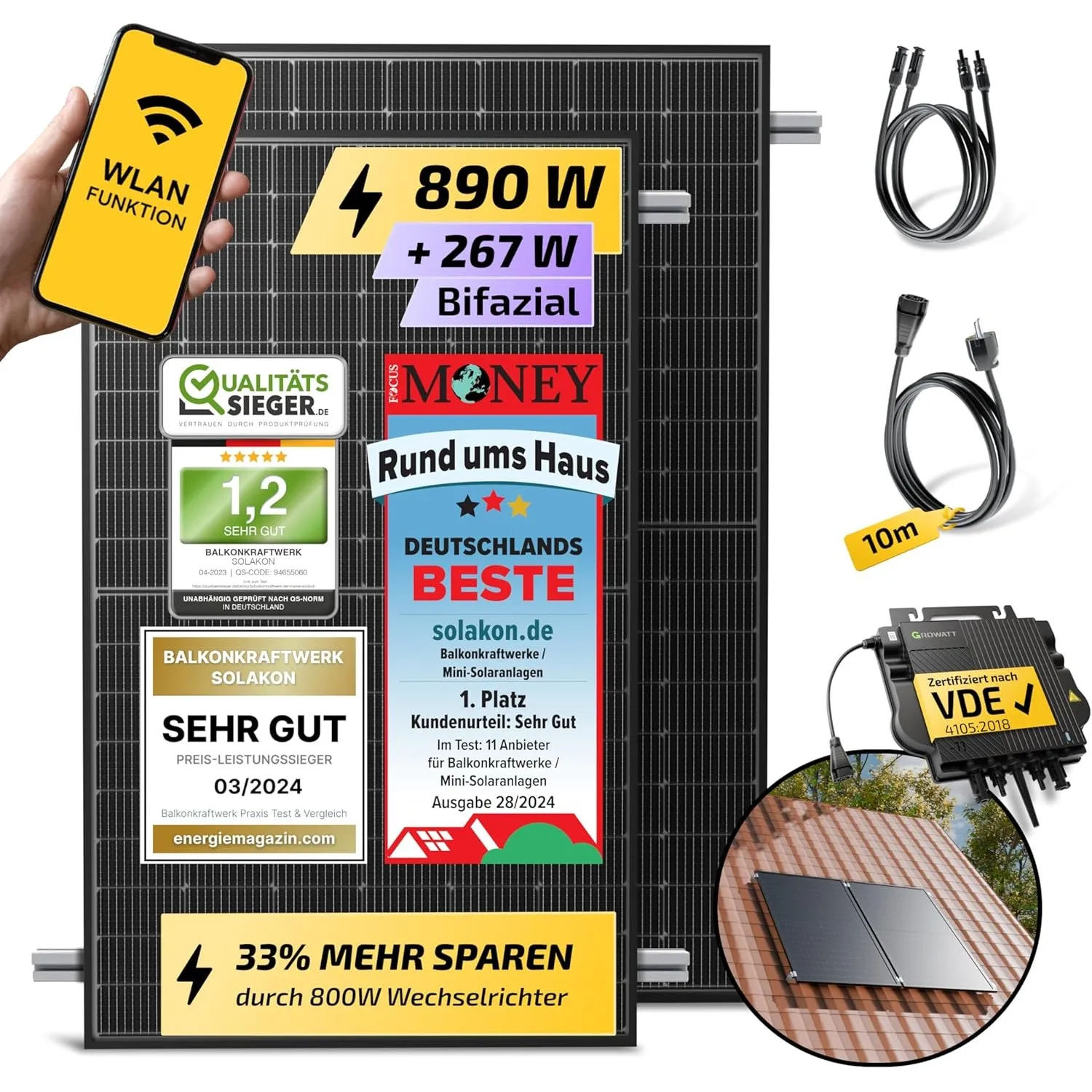 Solakon 900W Balkonkraftwerk mit Halterung (Ziegeldach, Paarmontage) - 800W komplett Steckdose - 800 Watt Wechselrichte…