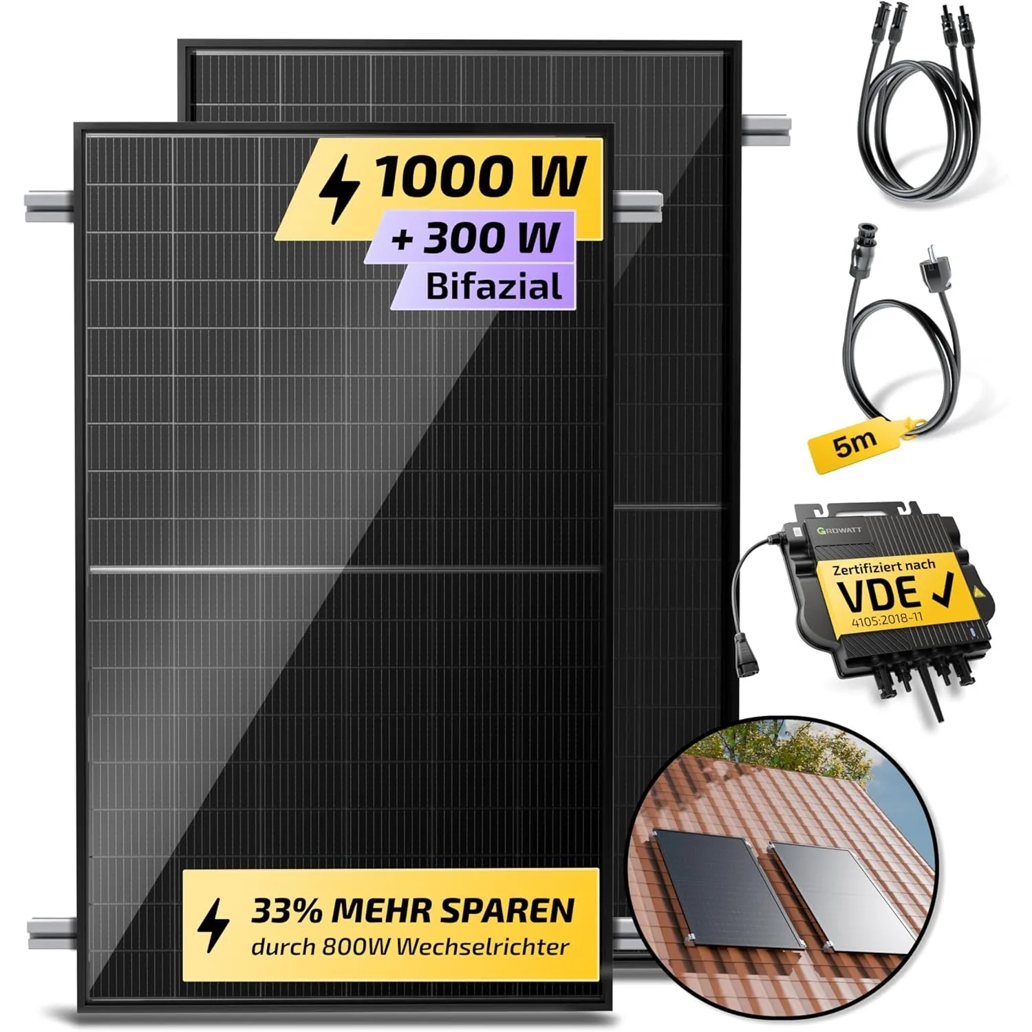 Solakon® 1000W Balkonkraftwerk mit Halterung (Ziegeldach, Einzelmontage) - 800W komplett Steckdose - neuester 800W Wech…