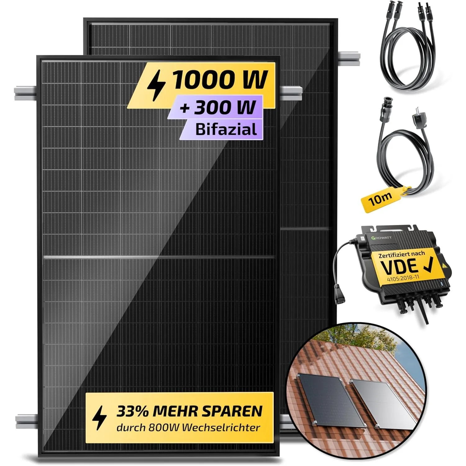 Solakon® 1000W Balkonkraftwerk mit Halterung (Ziegeldach, Einzelmontage) - 800W komplett Steckdose - neuester 800W Wech…