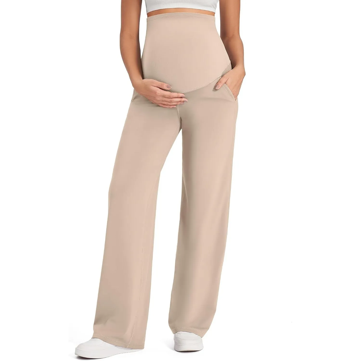 G4Free Umstandshose Damen Hohe Taille Yogahose mit Taschen Weites Bein Umstandsmode für Schwangere Lang Freizeithose St…