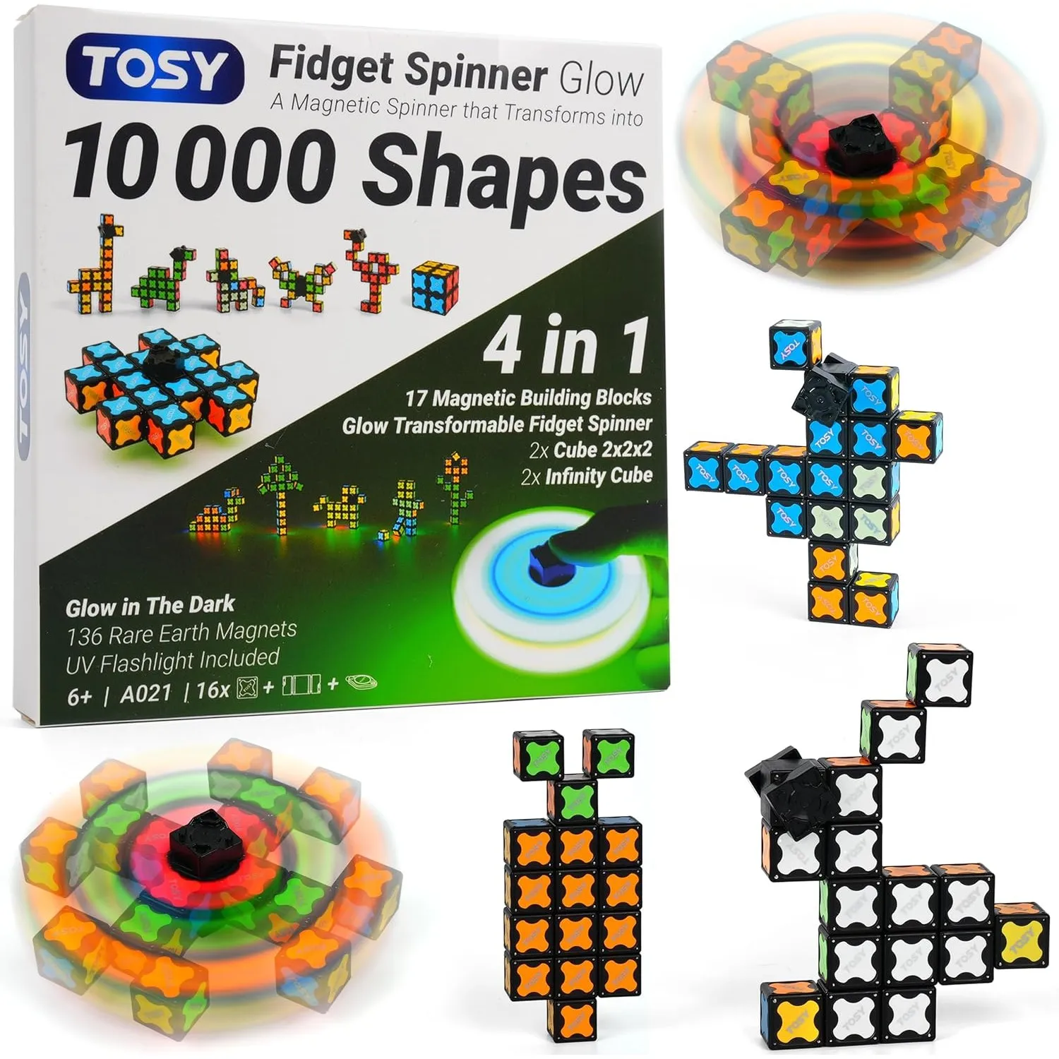 TOSY Magnet Fidget Spinner Glow – 16 Bausteine, 3-in-1: verwandelbarer Fidget-Spinner, Infinity-Würfel, 2x2 Puzzlewürfe…