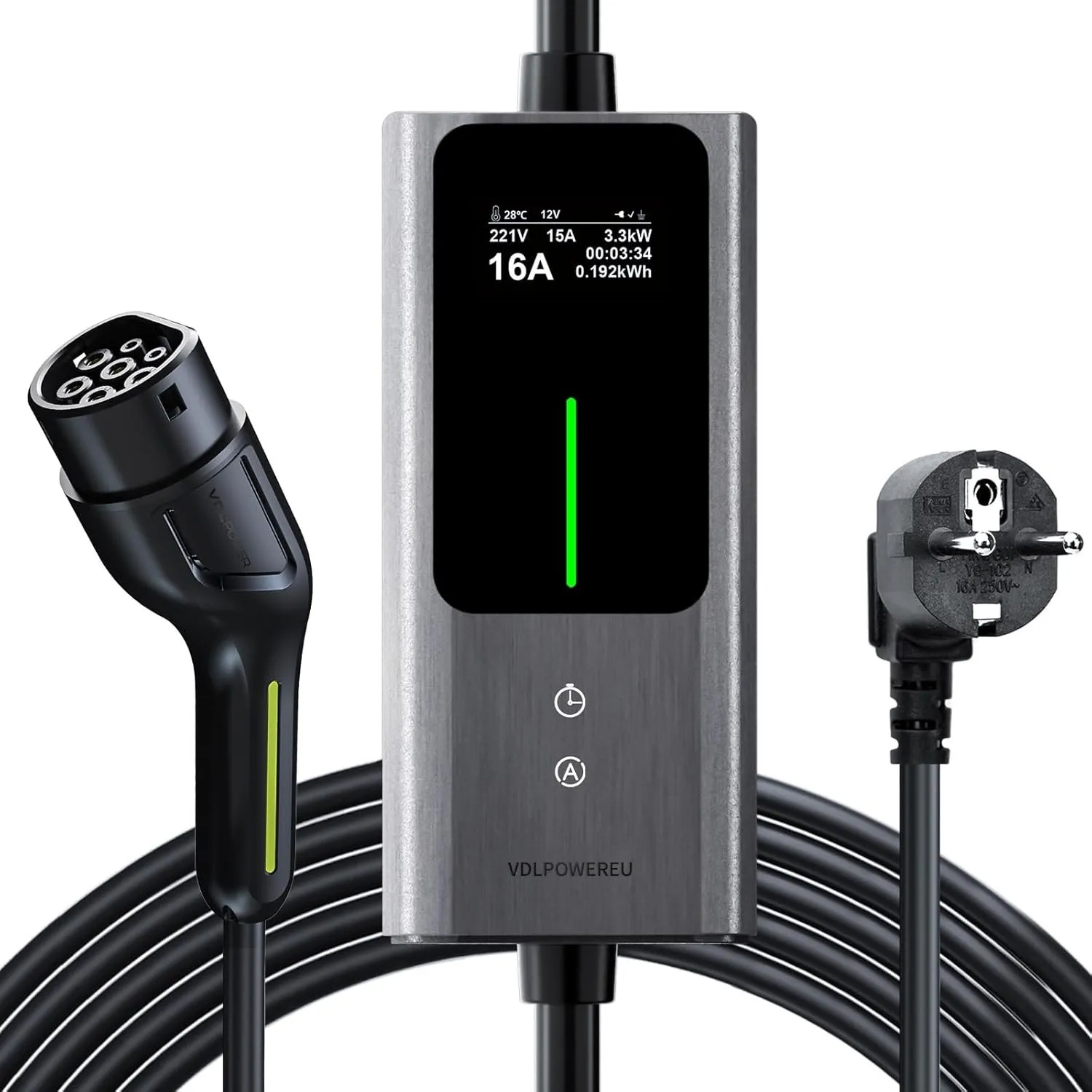 Typ 2 Ladekabel Schuko 3,68kW | 6-16A | 5M, 1-phasig EV Ladegerät Typ 2 Schuko mit Steuerbarer Digitalanzeige, E Auto L…