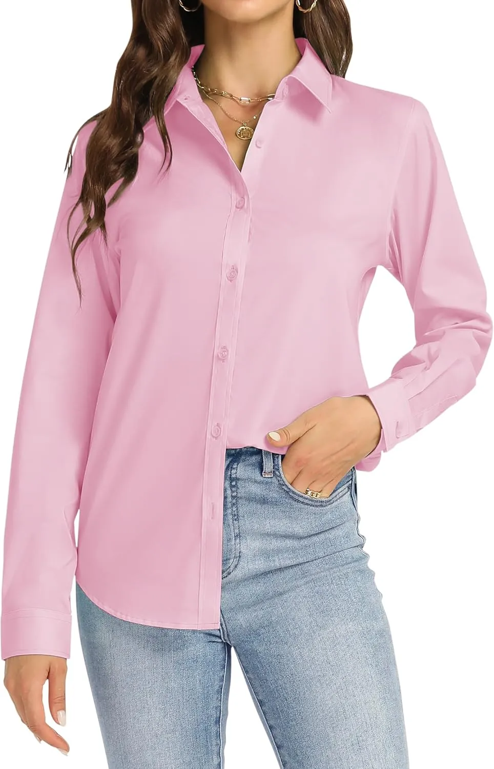 J.VER Bluse Damen Business Bügelfrei Langarmshirt Einfarbig Tops Kragen Baumwolle Oberteile Knitterfreies Damen Hemdblu…