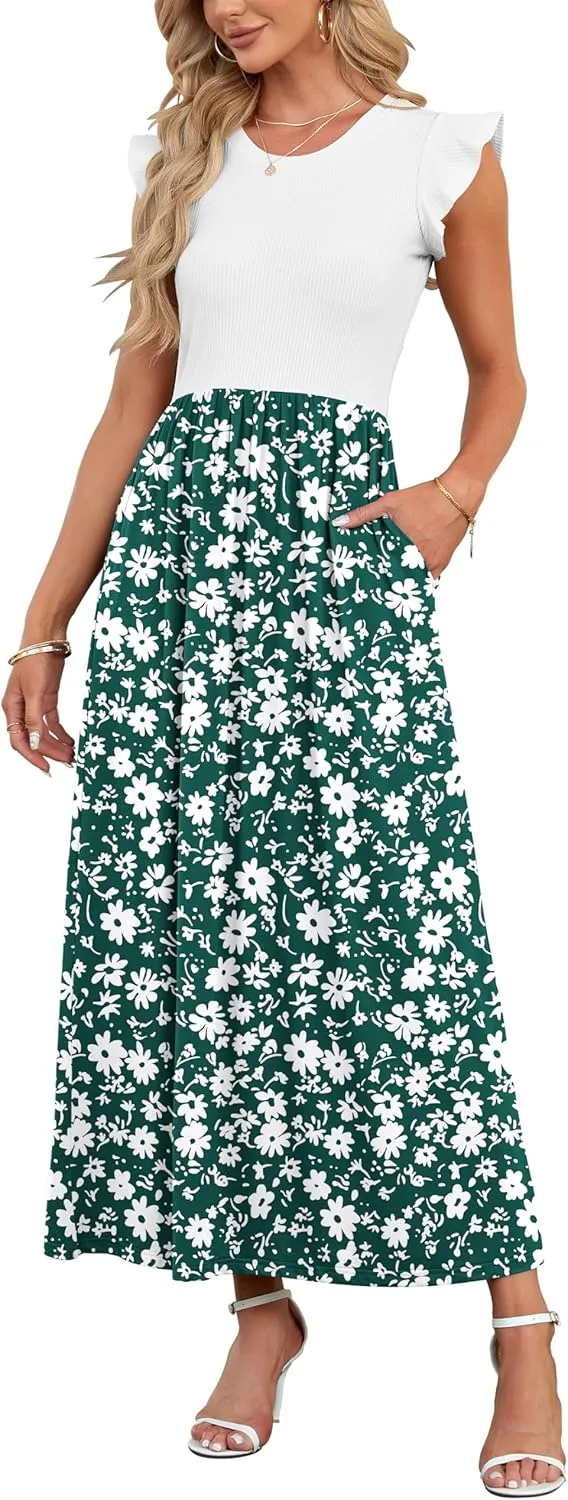 AUSELILY Women's Summer Round Neck Maxi Dress with Pockets, Short Sleeve and Ruffles, Casual High Waist, Long Loose Flo…