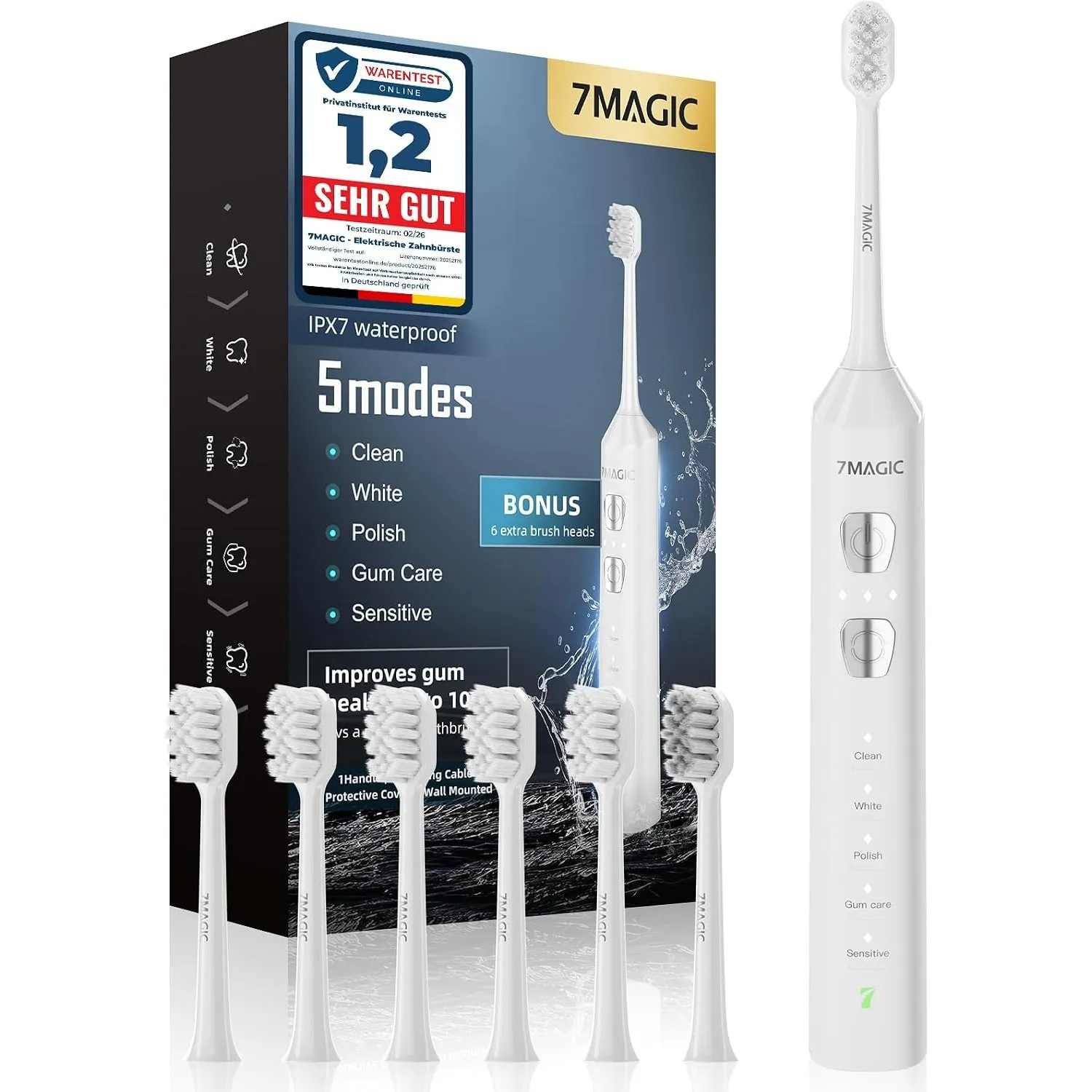 7MAGIC Elektrische Zahnbürste, Schallzahnbürste, 180 Tage Laufzeit, Weiß