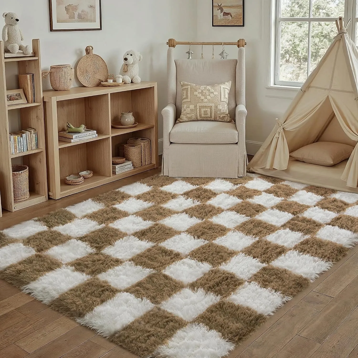 HUGEAR Kariert Flauschig Teppich Wohnzimmer 120x180cm Braun Weiß Shaggy Carpet
