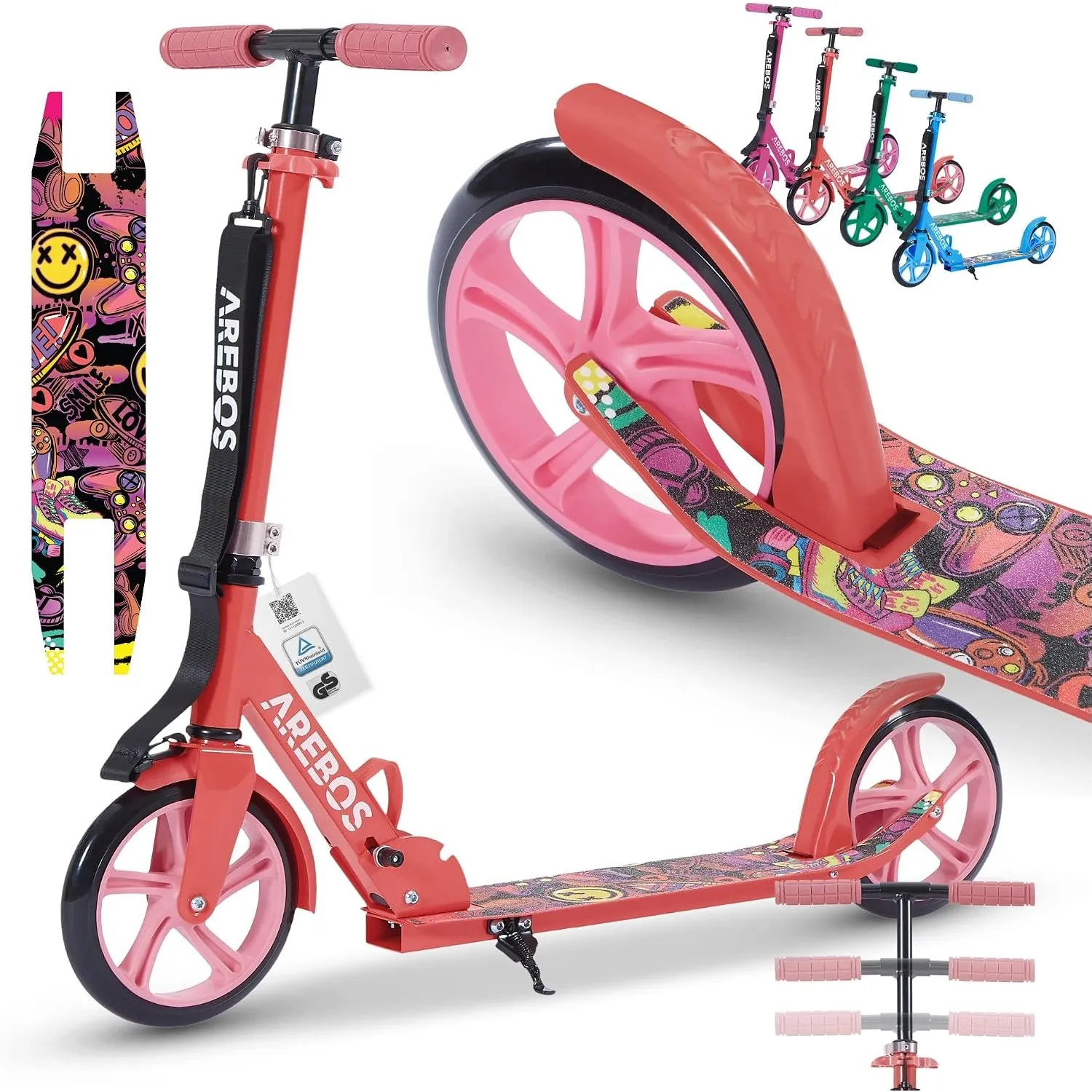 Arebos Cityroller Tretroller Scooter höhenverstellbar | klappbar | inkl. Traggurt | XXL Räder | Tritt-Bremse | für Kind…