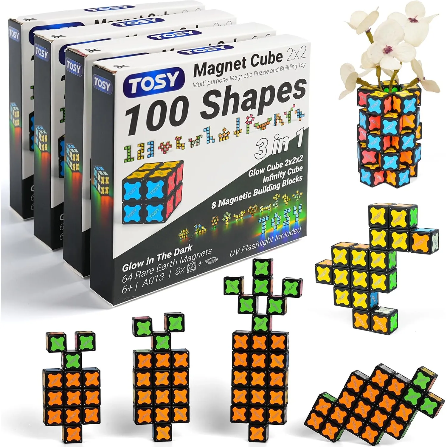 TOSY Magnet Cube 2x2 – 8 Bausteine, 2-in-1: 2x2x2 Puzzlewürfel und anpassbarer Infinity-Würfel, Leuchtend, UV-Taschenla…