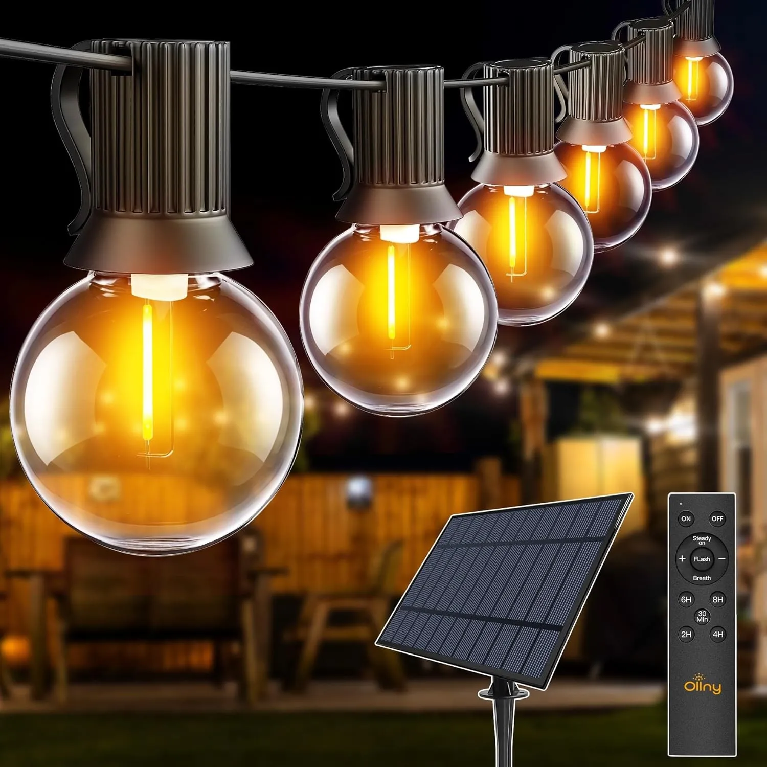 Ollny Solar Lichterkette Außen Wasserfest 10M mit 16+1 G40 LED-Glühbirnen | lichterkette Outdoor mit Fernbedienung, 3 B…