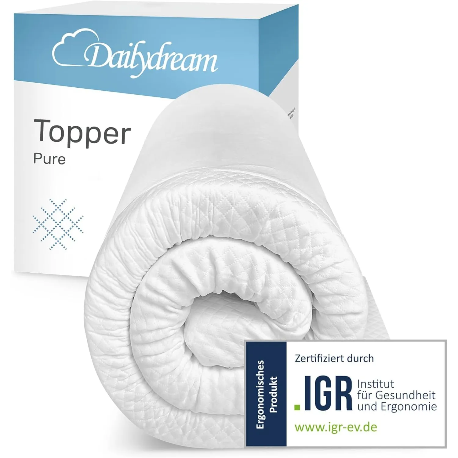 Dailydream Topper 180x200cm aus Memory Foam, 7 cm hoch | Edition Pure, H1/2, Matratzentopper mit waschbarem Bezug, Nopp…