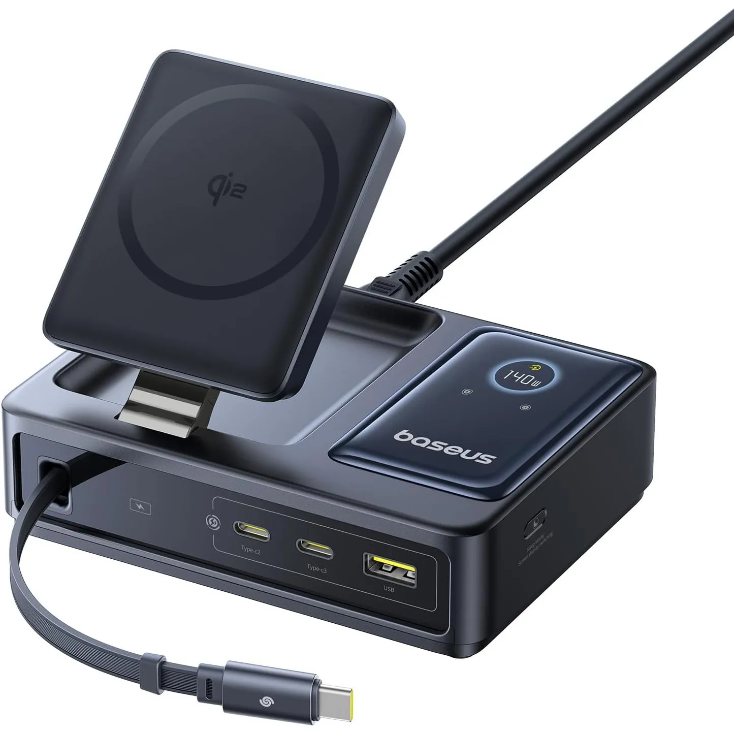Baseus NOMOS 5 in 1 Ladestation, 140 W USB-C Ladegerät mit 15 W Qi2.0 MagSafe Ladegerät, Typ C Einziehbares Kabel, 2*US…