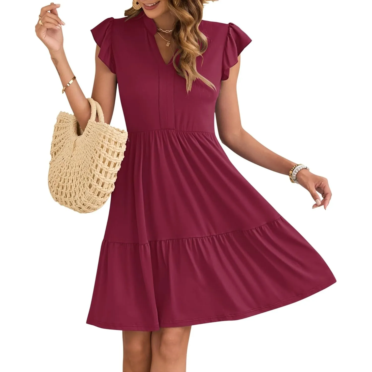 AUSELILY Damen Sommerkleid V-Ausschnitt Kleid Rüschen Ärmel Minikleid Elastische Taille Strandkleid mit Taschen
