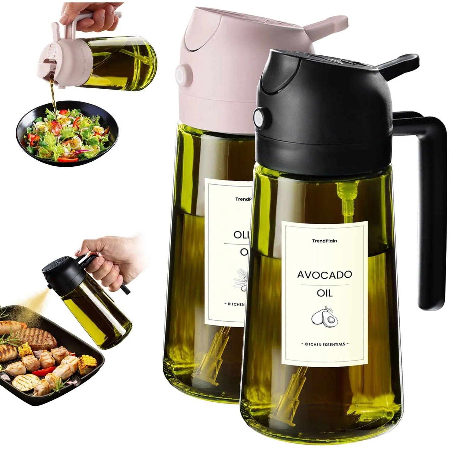 TrendPlain 16oz Ölsprüher für Speiseöl – 470ml Olivenöl Flasche – 2-in-1 Ölspender und Ölsprüher – Küchen Gadgets für K…